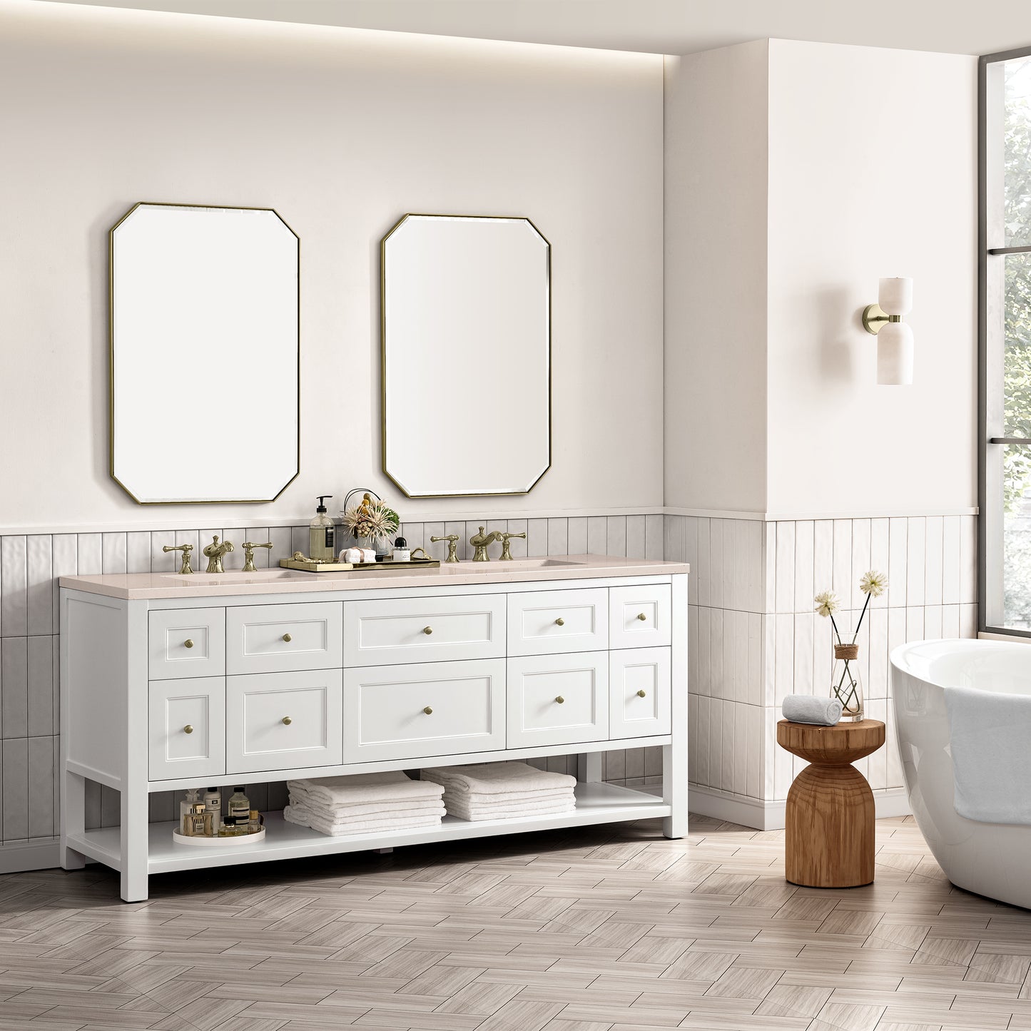 Breckenridge 72" Double Vanity, Bright White w/ 3 CM Eternal Marfil Top