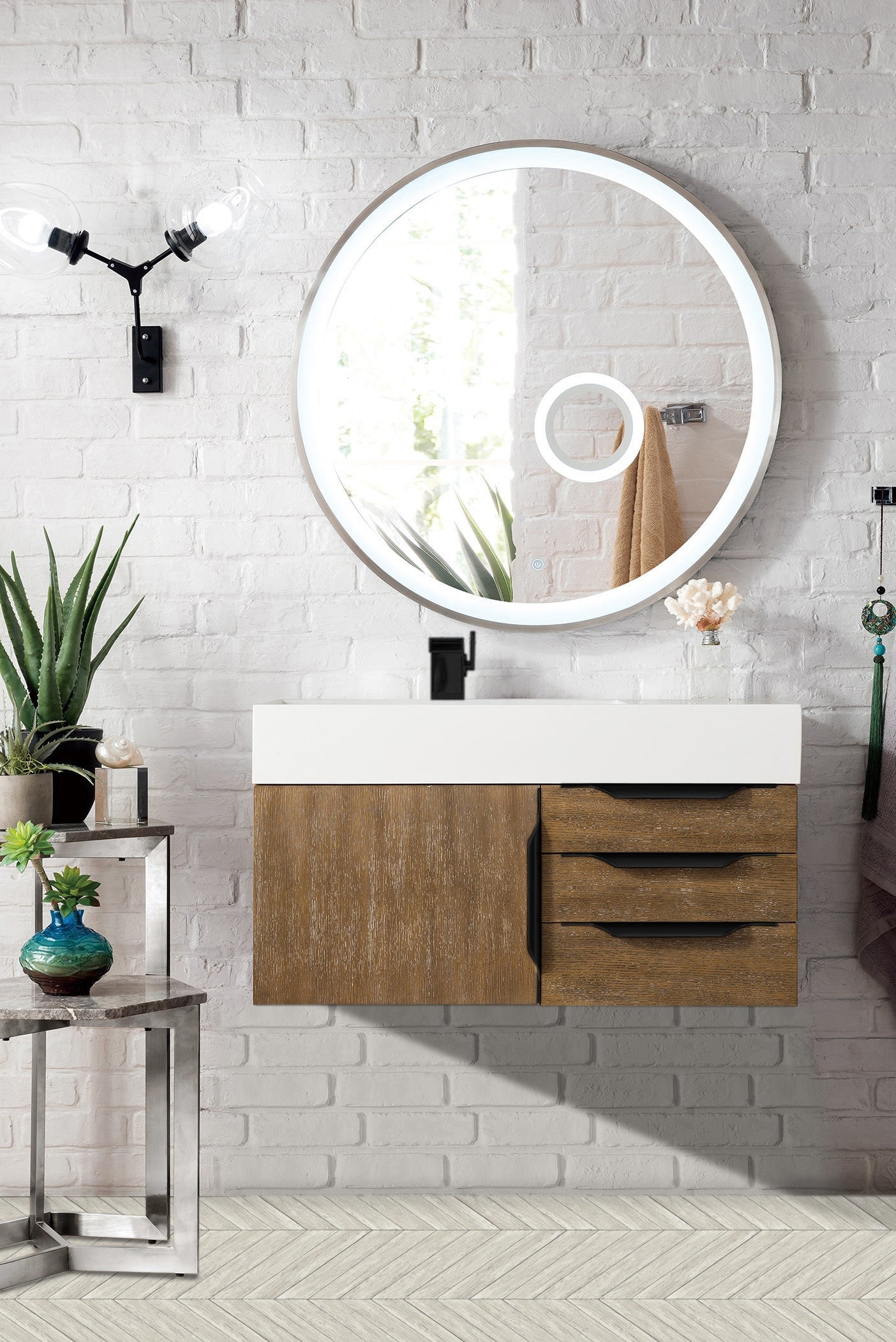 Mercer Island 36" Single Vanity, Latte Oak, Matte Black w/ Glossy White Composite Stone Top