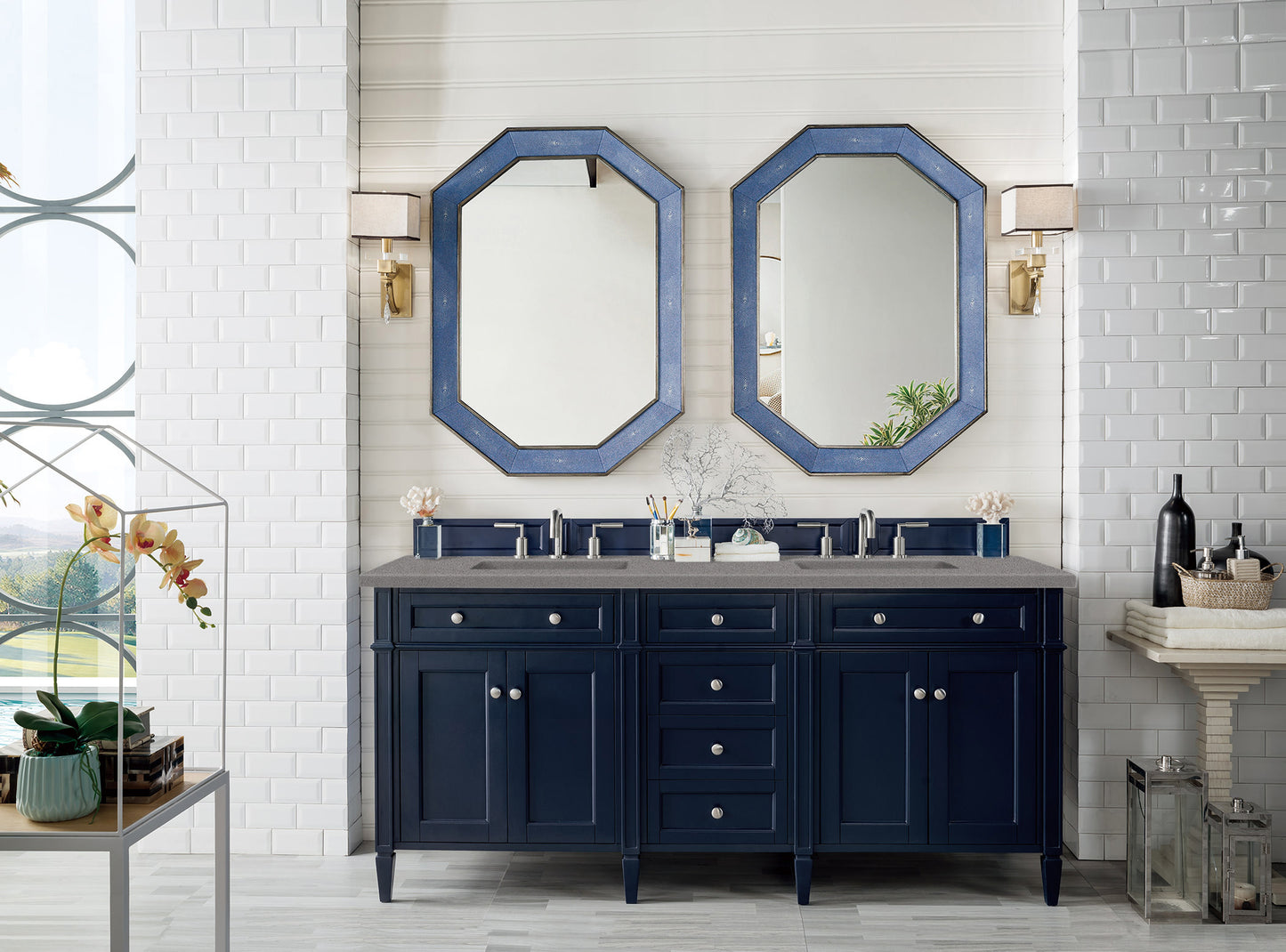 Brittany 72" Double Vanity, Victory Blue w/ 3 CM Grey Expo Quartz Top