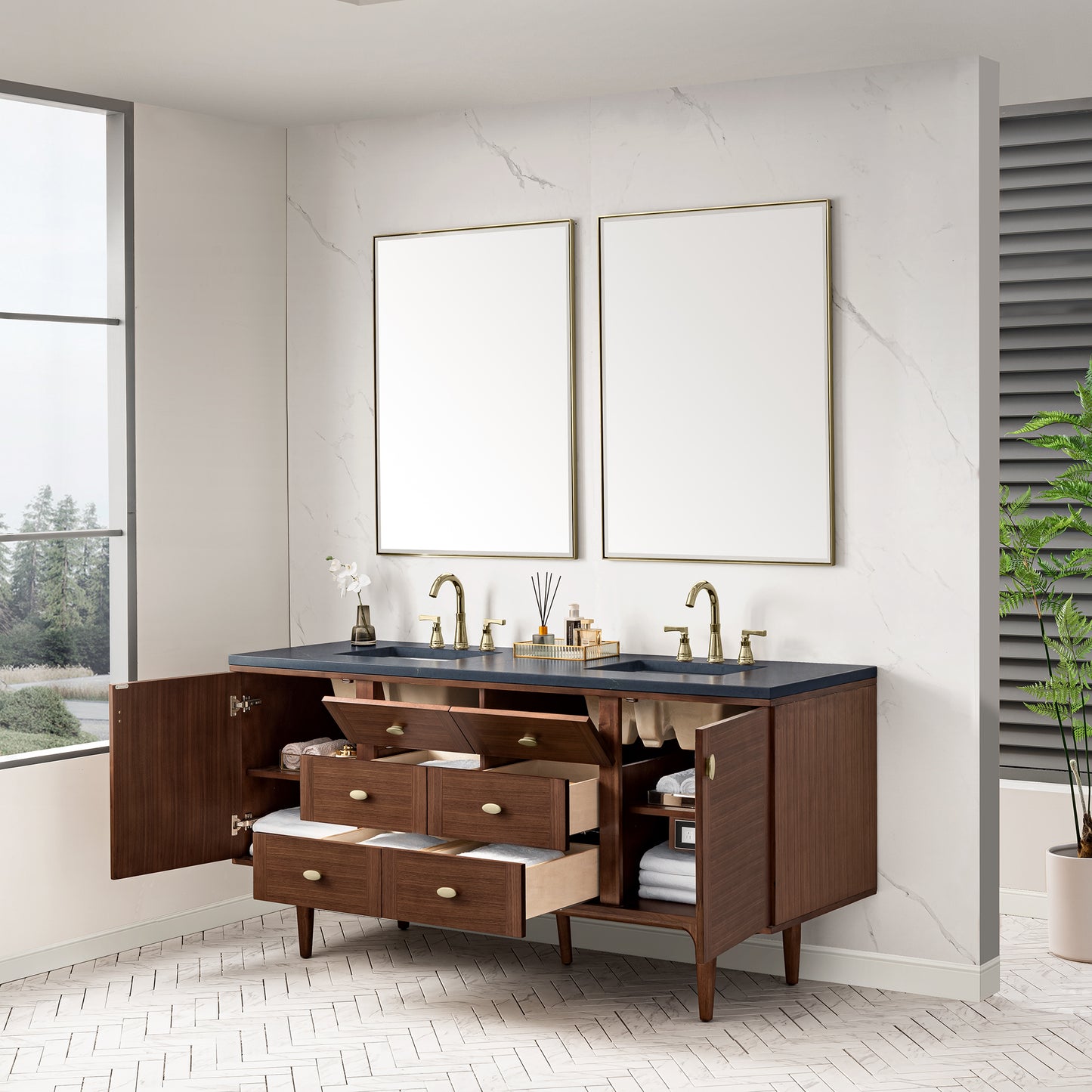 Amberly 72" Double Vanity, Mid-Century Walnut w/ 3 CM Charcoal Soapstone Top