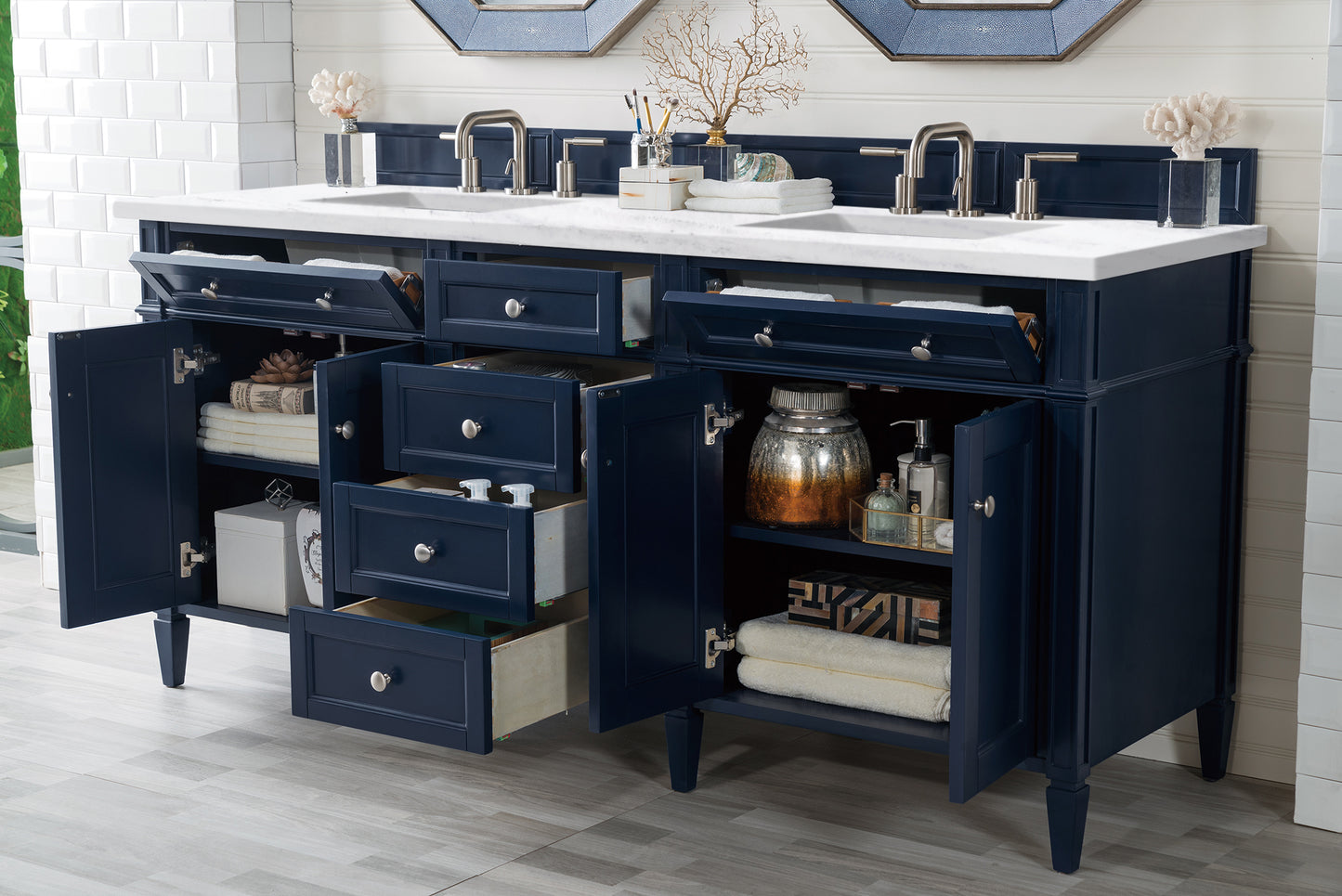 Brittany 72" Double Vanity, Victory Blue w/ 3 CM Arctic Fall Solid Surface Top