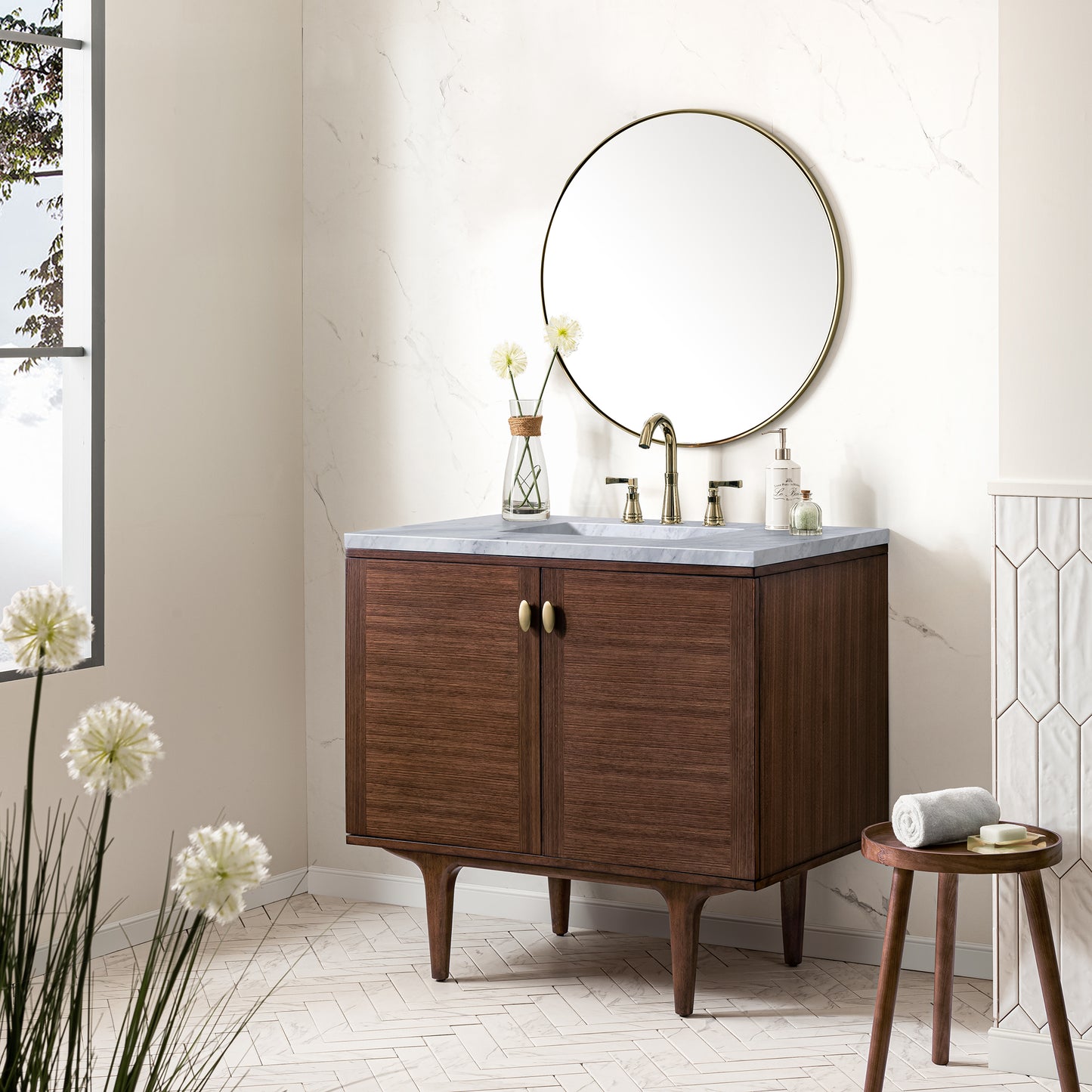 Amberly 36" Single Vanity, Mid-Century Walnut w/ 3 CM Carrara Marble Top