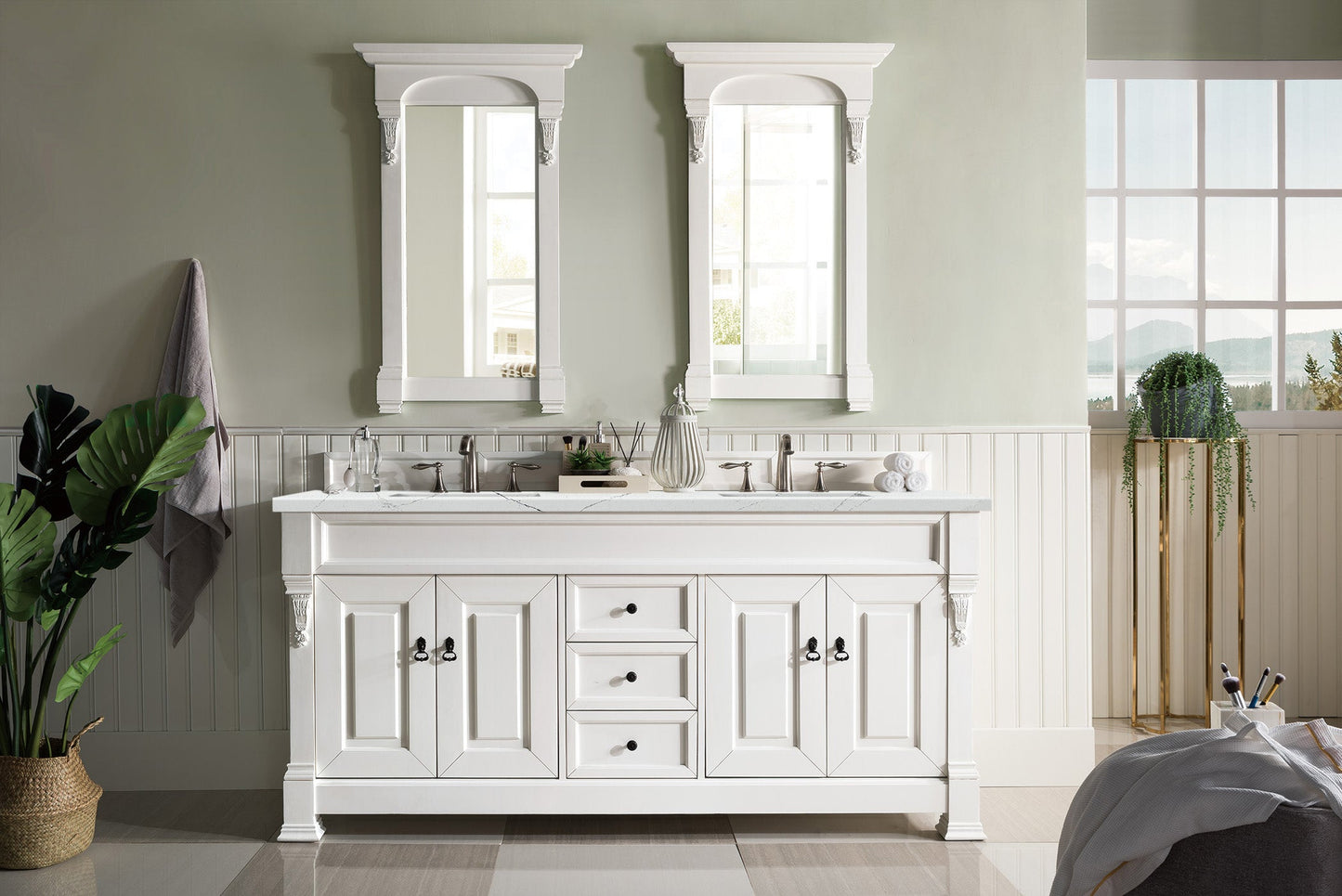 Brookfield 72" Double Vanity, Bright White w/ 3 CM Ethereal Noctis Quartz Top