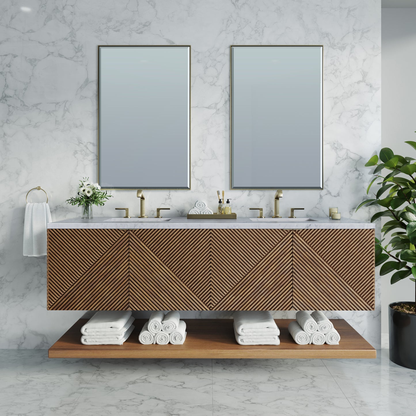 Marcello 72" Double Vanity, Chestnut w/ 3 CM Carrara Marble Top