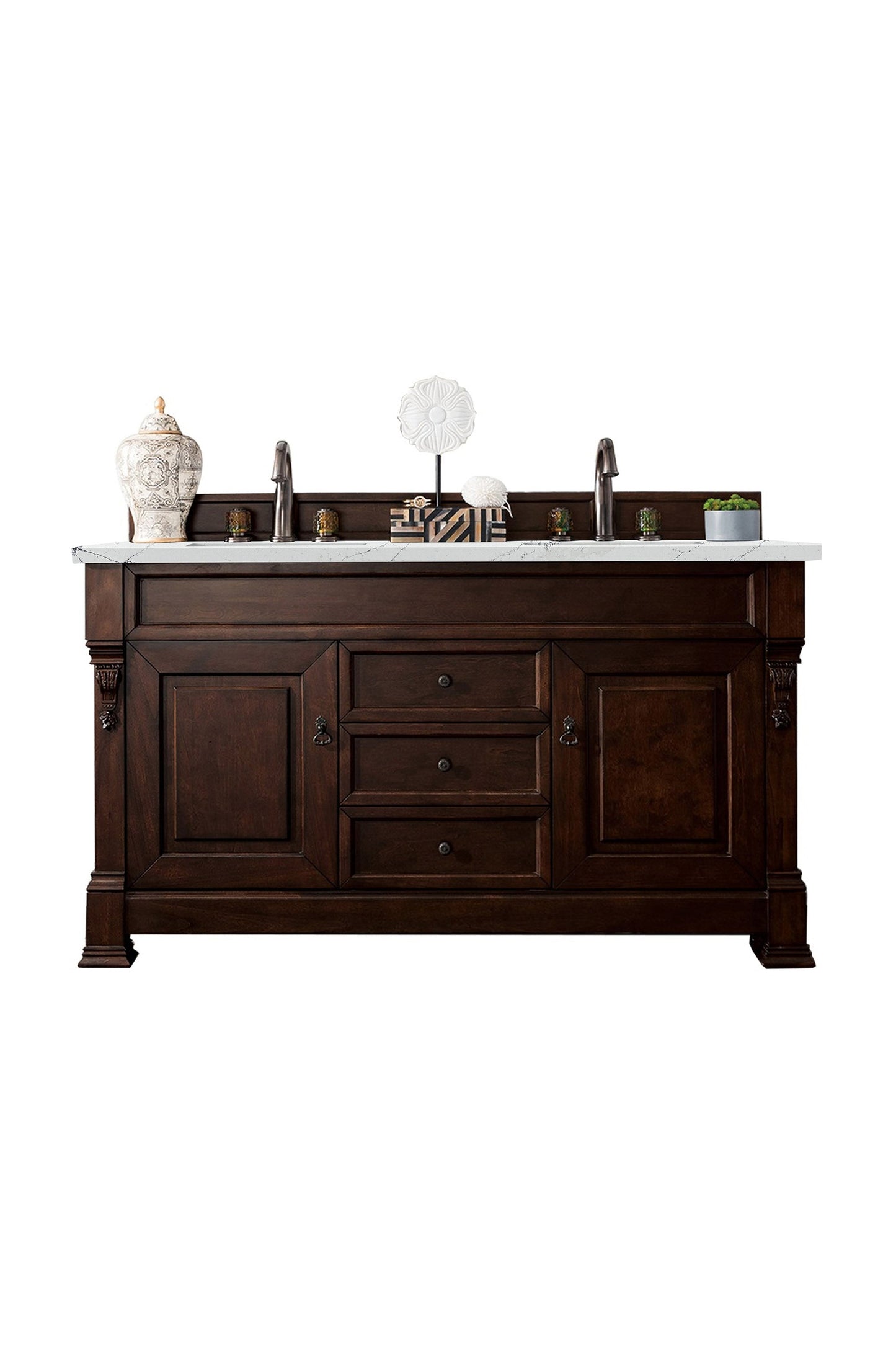 Brookfield 60" Double Vanity, Burnished Mahogany w/ 3 CM Ethereal Noctis Quartz Top