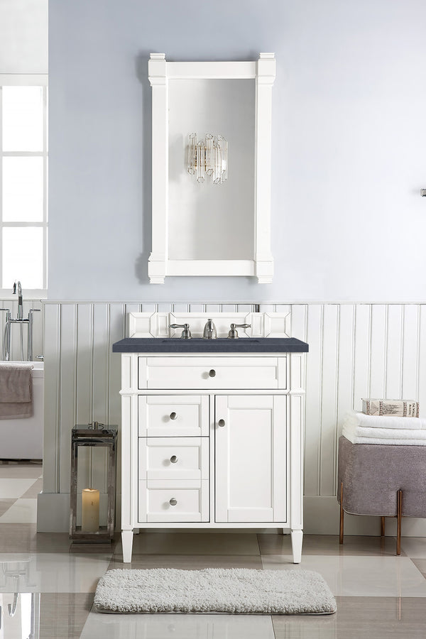 Brittany 30 Single Vanity, Bright White, w/ 3 CM Charcoal Soapstone Quartz Top