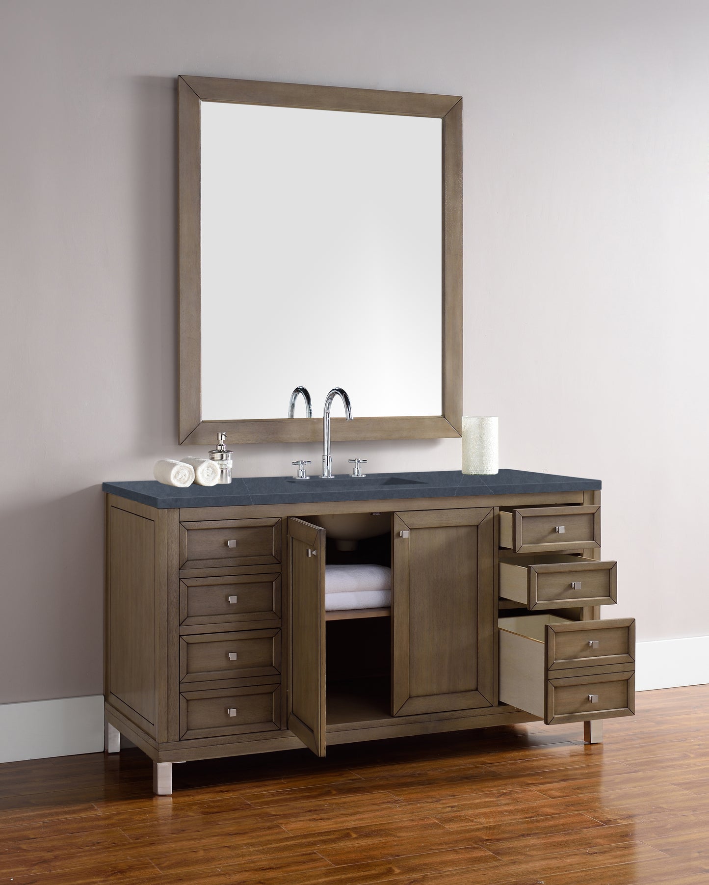 Chicago 60" Single Vanity, Whitewashed Walnut w/ 3 CM Charcoal Soapstone Quartz Top