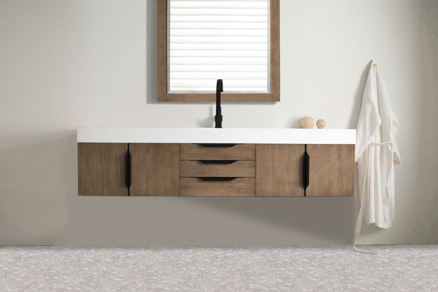 Mercer Island 72" Single Vanity, Latte Oak, Matte Black w/ Glossy White Composite Stone Top