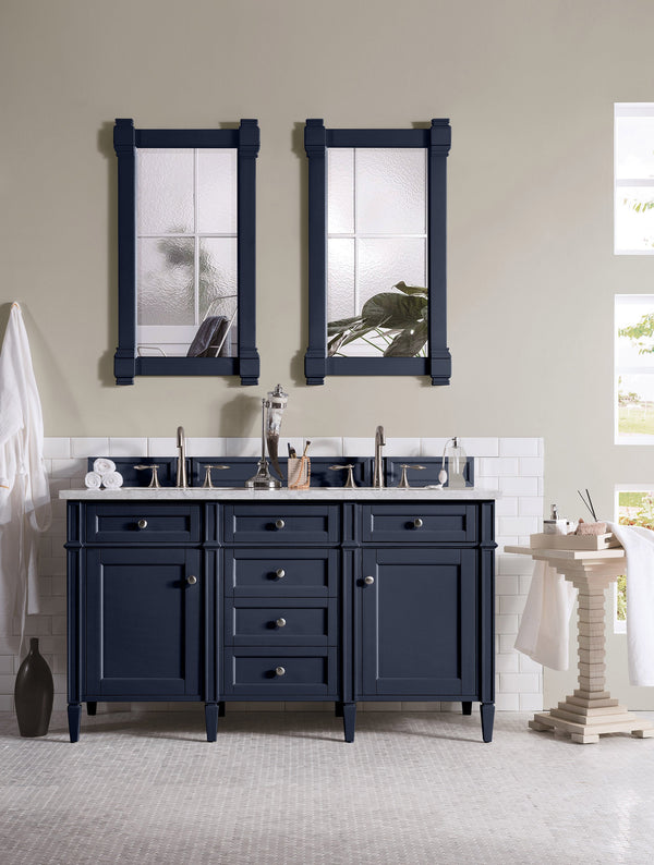 Brittany 60 Double Vanity, Victory Blue w/ 3 CM Carrara Marble Top