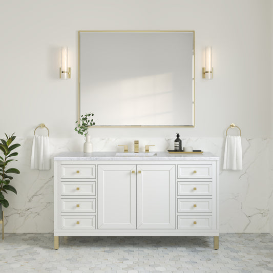 Chicago 60" Single Vanity, Glossy White w/ 3 CM Carrara Marble Top