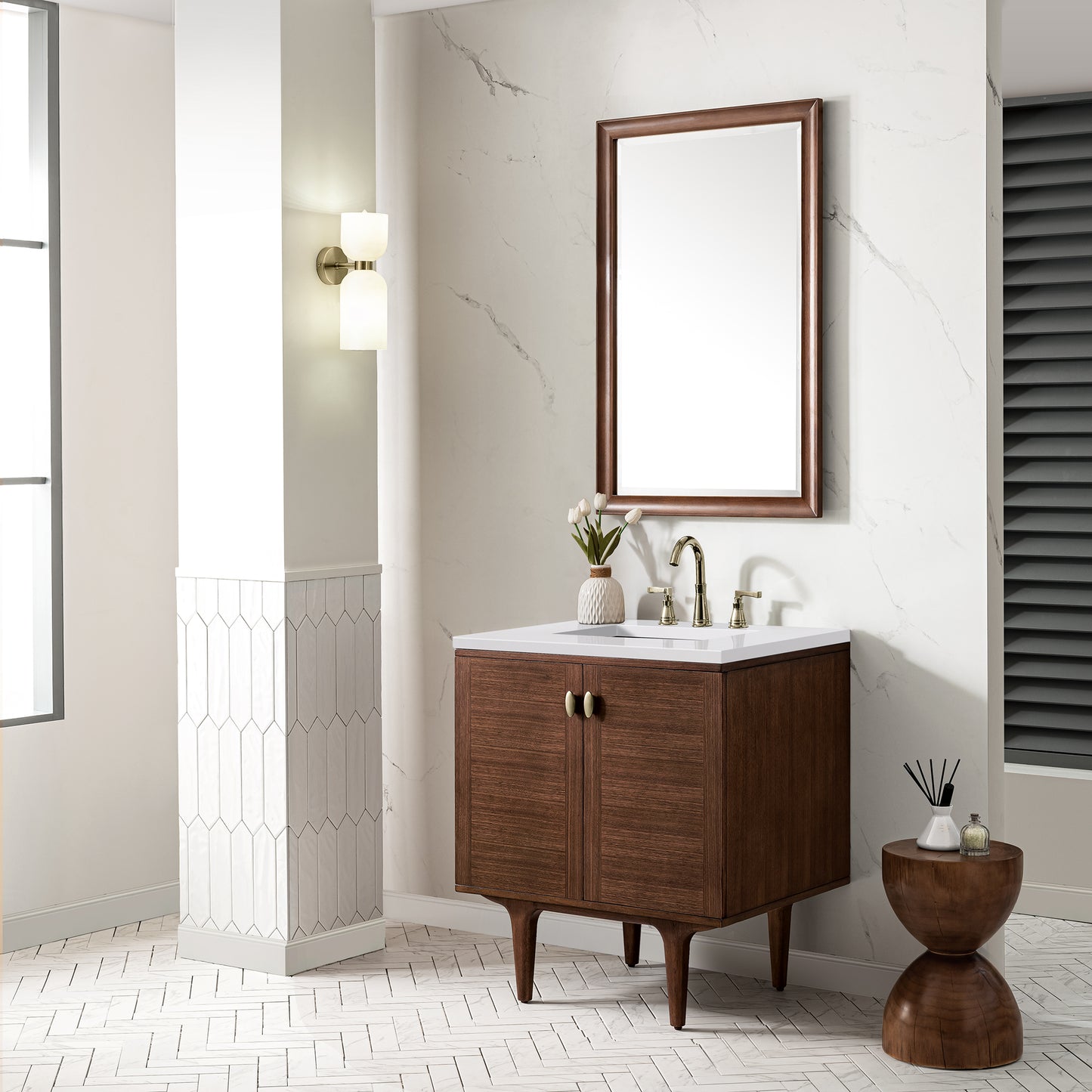 Amberly 30" Single Vanity, Mid-Century Walnut w/ 3 CM White Zeus Top