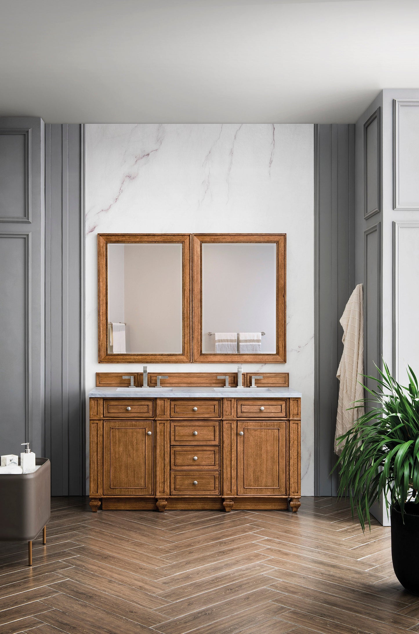 Bristol 60" Double Vanity, Saddle Brown w/ 3 CM Carrara Marble Top