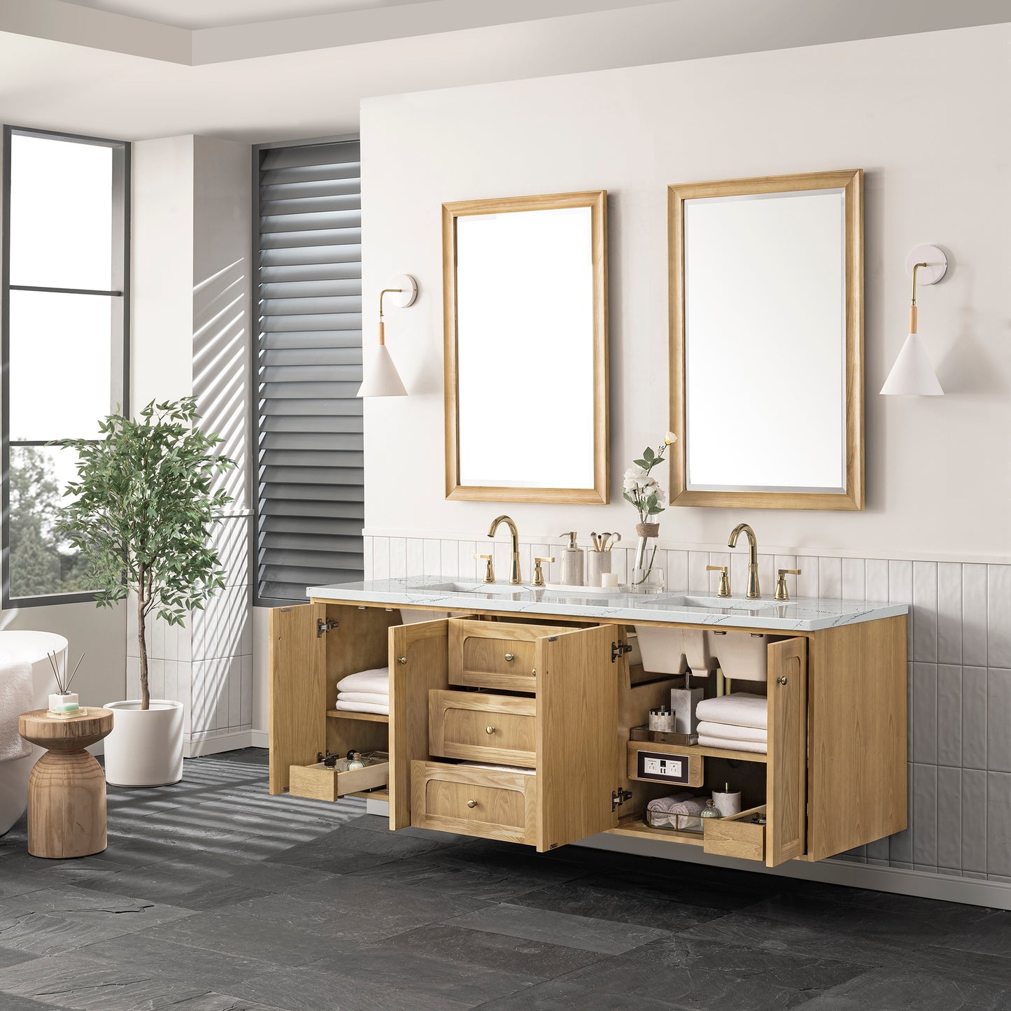 Laurent 72" Double Vanity, Light Natural Oak w/ 3 CM Ethereal Noctis Top