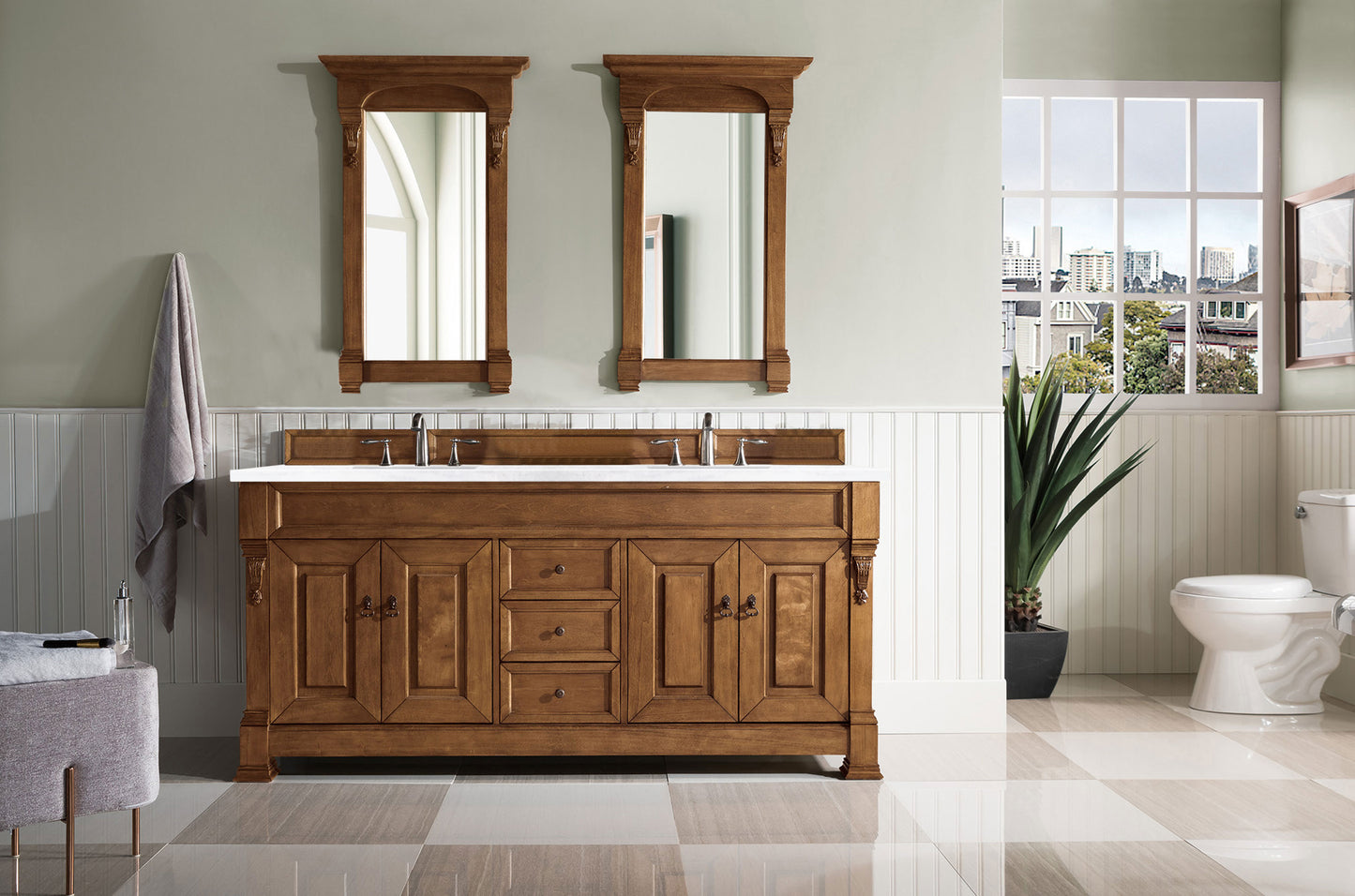 Brookfield 72" Double Vanity, Country Oak w/ 3 CM Arctic Fall Solid Surface Top