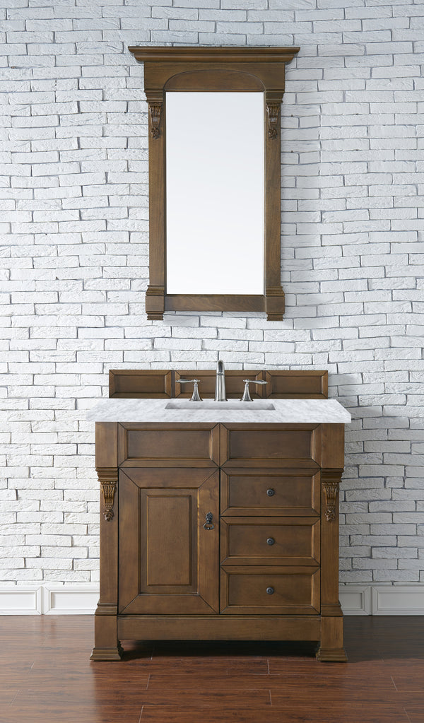 Brookfield 36 Single Vanity, Country Oak w/ 3 CM Carrara Marble Top