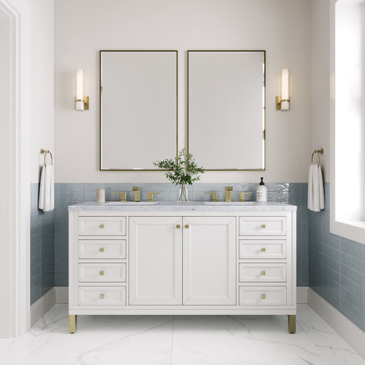 Chicago 60" Double Vanity, Glossy White w/ 3 CM Carrara Marble Top