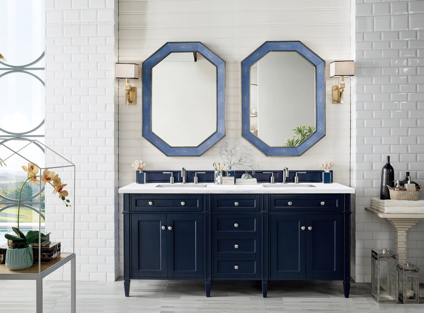 Brittany 72" Double Vanity, Victory Blue w/ 3 CM Arctic Fall Solid Surface Top