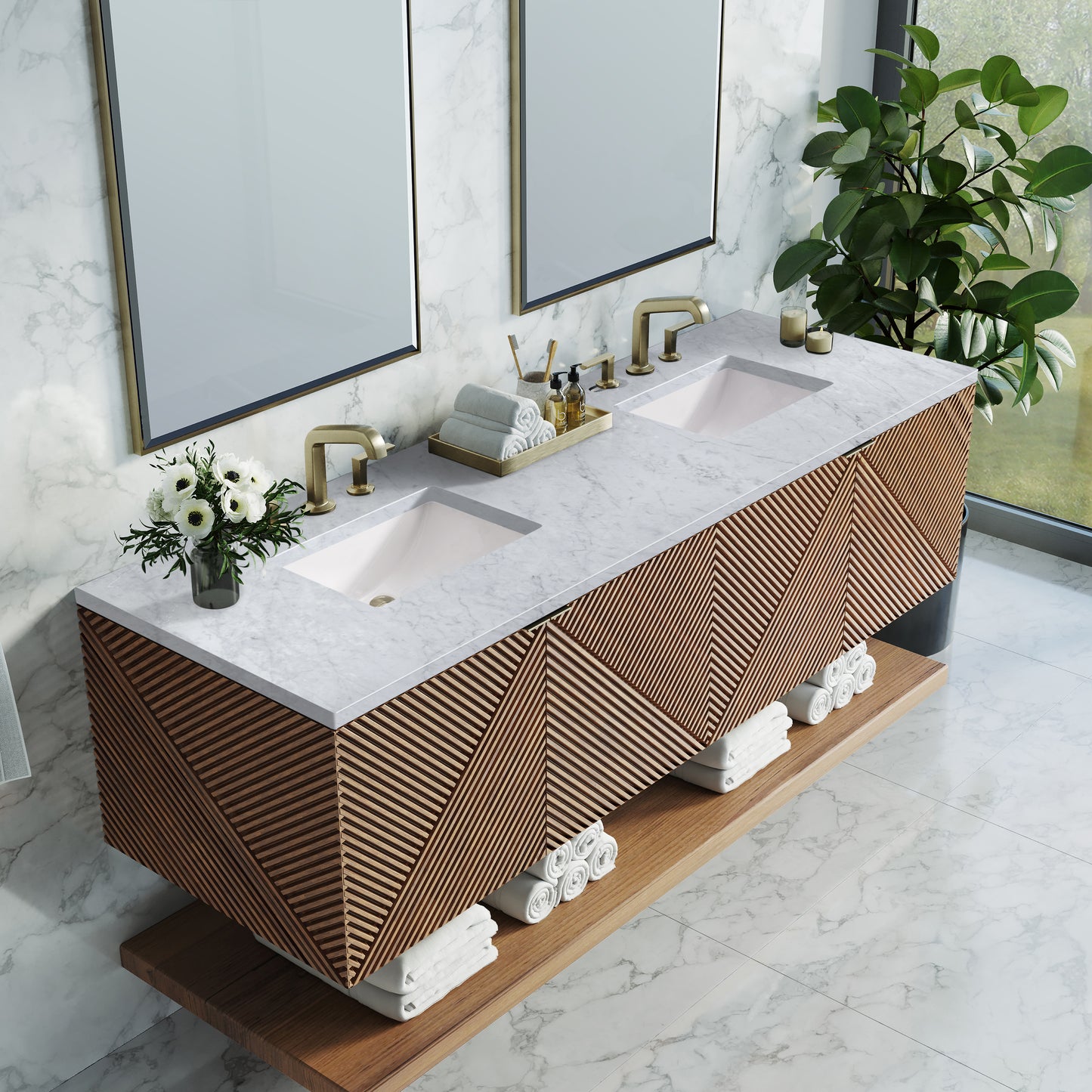 Marcello 72" Double Vanity, Chestnut w/ 3 CM Carrara Marble Top