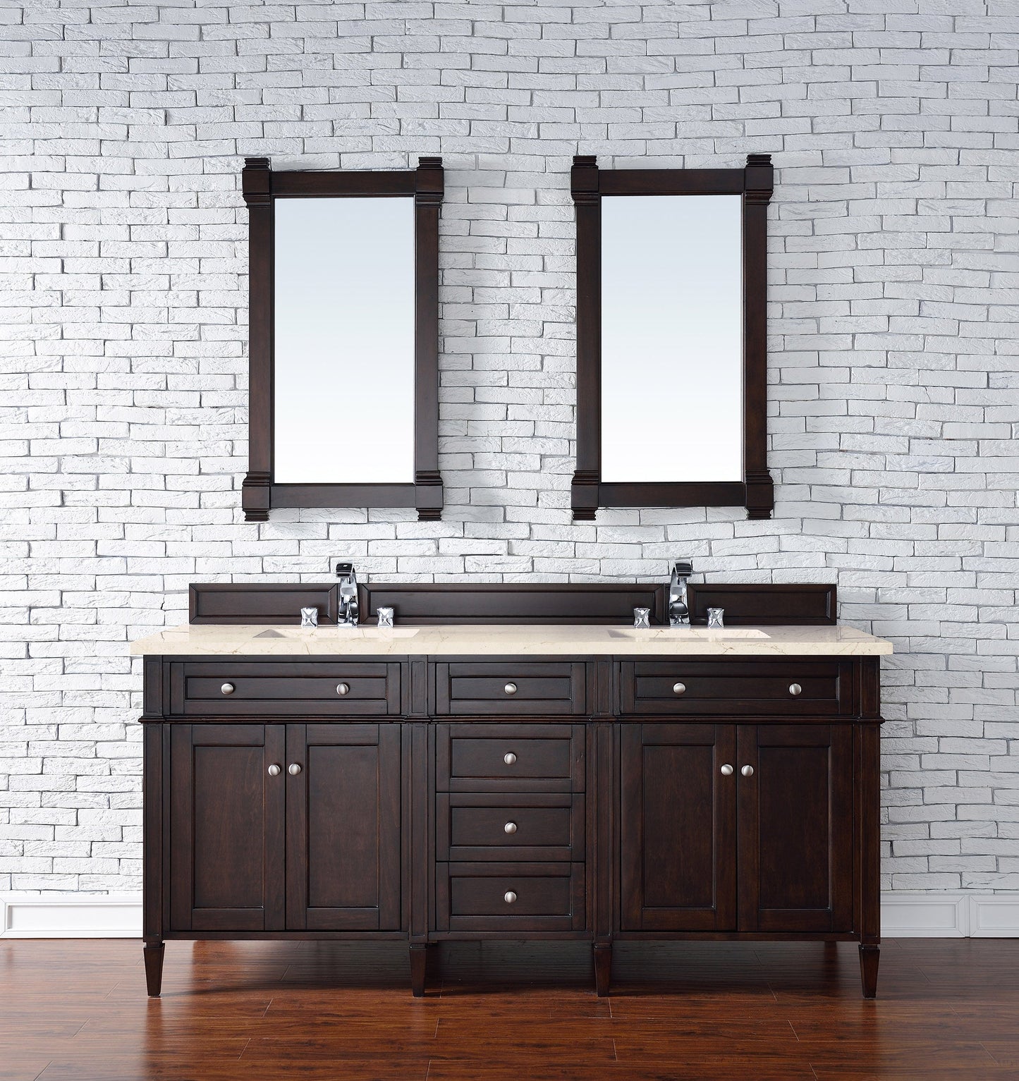 Brittany 72" Double Vanity, Burnished Mahogany w/ 3 CM Eternal Marfil Quartz Top