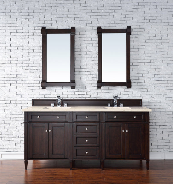 Brittany 72 Double Vanity, Burnished Mahogany w/ 3 CM Eternal Marfil Quartz Top