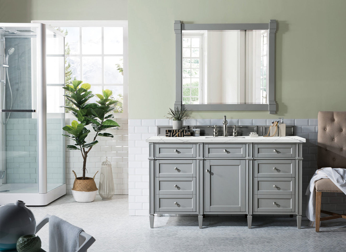 Brittany 60" Single Vanity, Urban Gray w/ 3 CM Ethereal Noctis Quartz Top