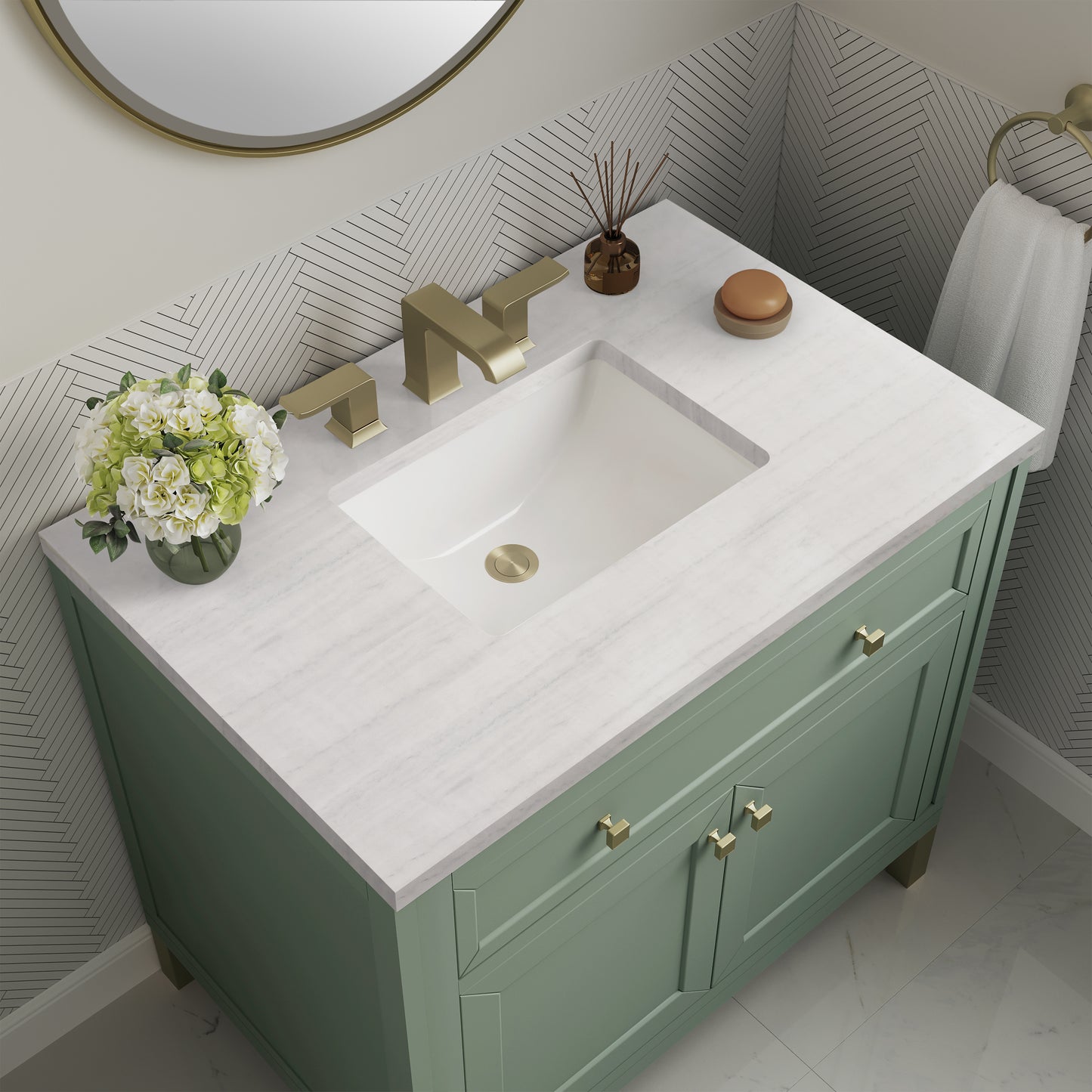 Chicago 36" Single Vanity, Smokey Celadon w/ 3 CM Arctic Fall Top