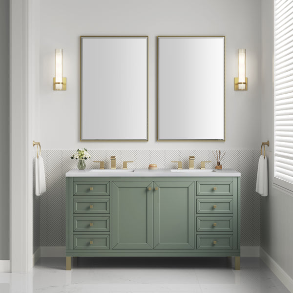 Chicago 60 Double Vanity, Smokey Celadon w/ 3 CM White Zeus Top