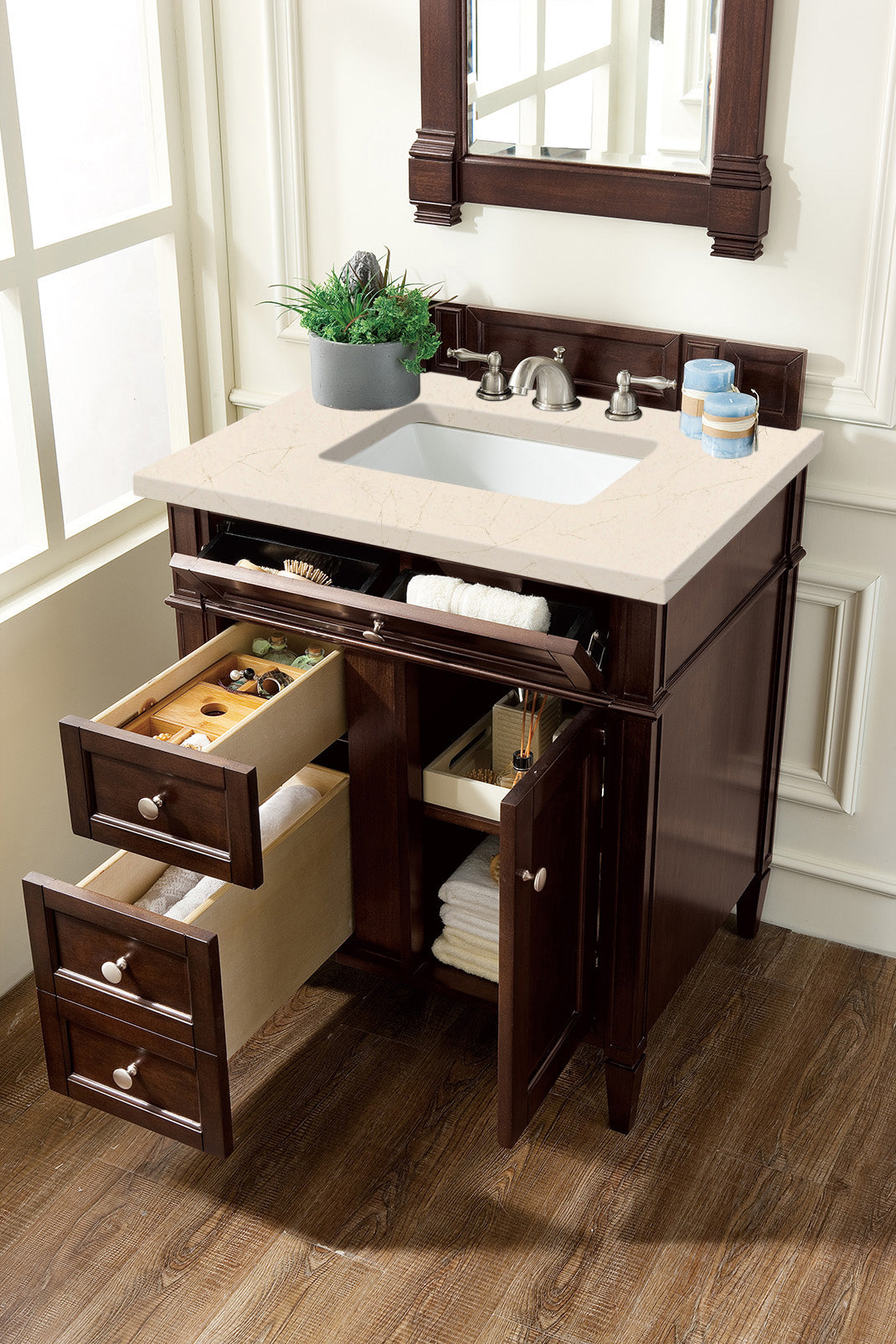 Brittany 30" Single Vanity, Burnished Mahogany, w/ 3 CM Eternal Marfil Quartz Top