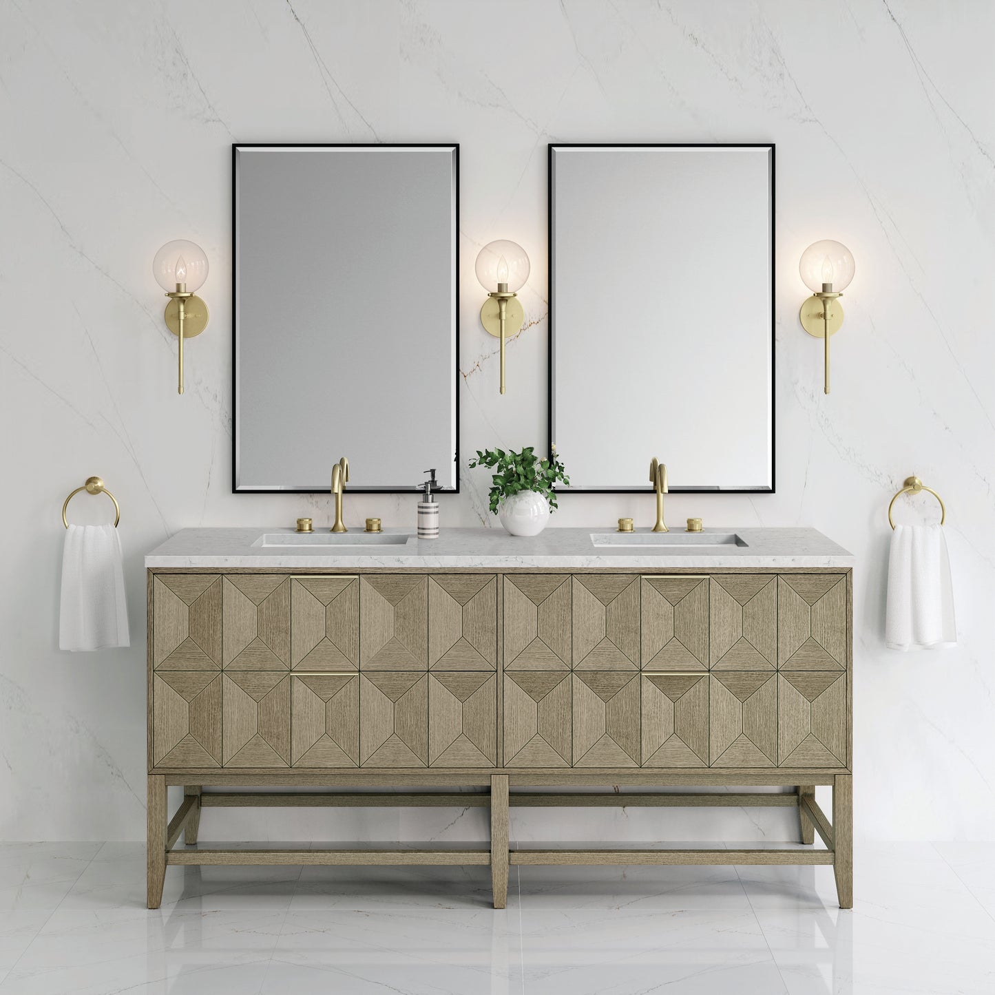 Emmeline 72" Double Vanity, Pebble Oak w/ 3 CM Eternal Jasmine Pearl Top