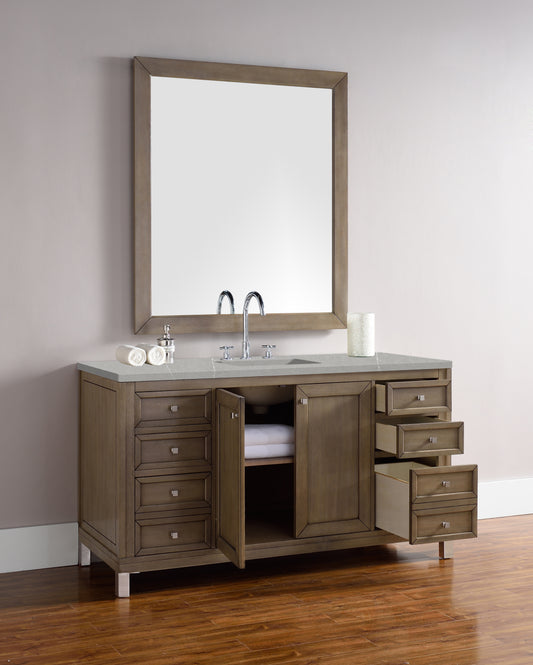 Chicago 60" Single Vanity, Whitewashed Walnut w/ 3 CM Eternal Serena Quartz Top