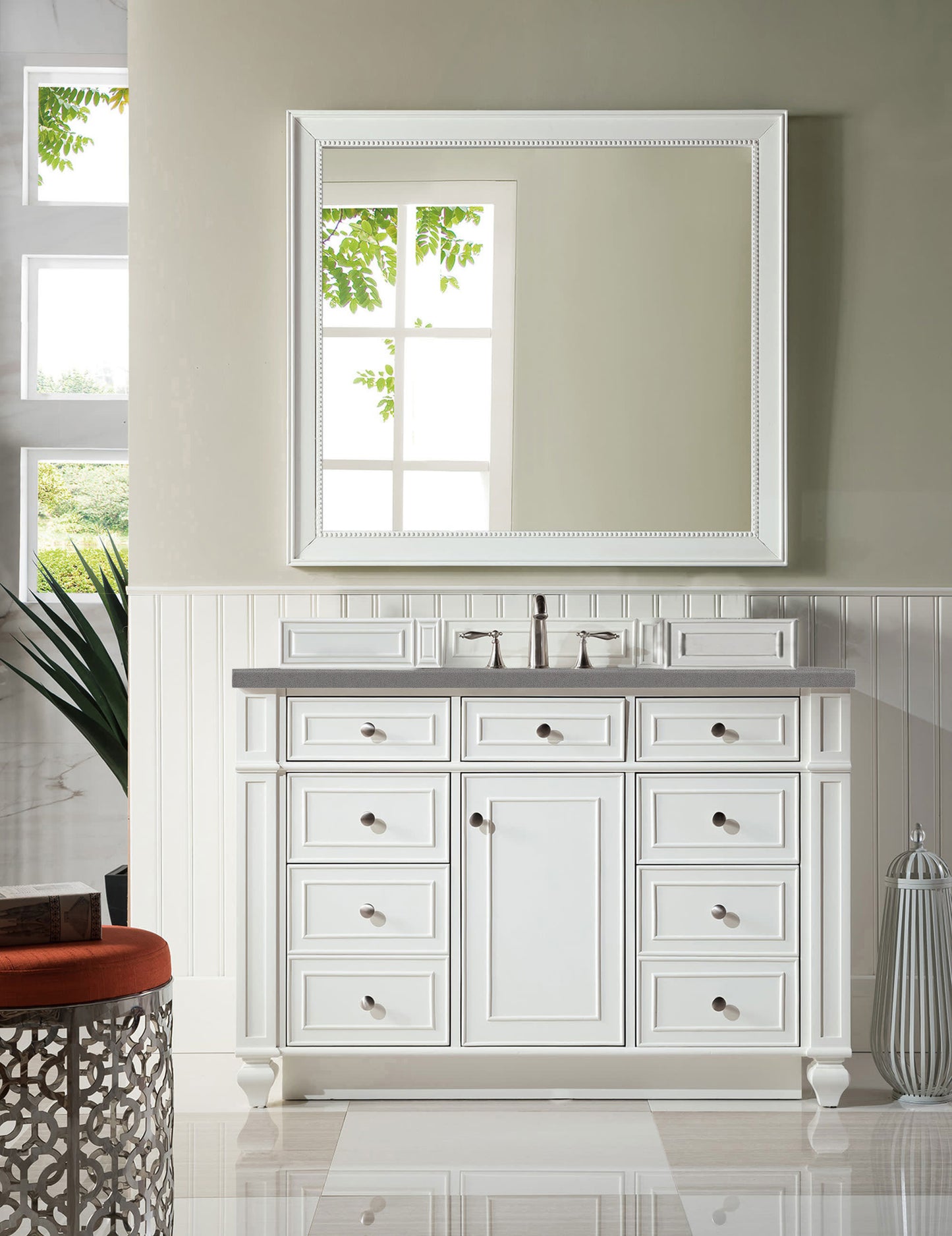 Bristol 48" Single Vanity, Bright White w/ 3 CM Grey Expo Quartz Top