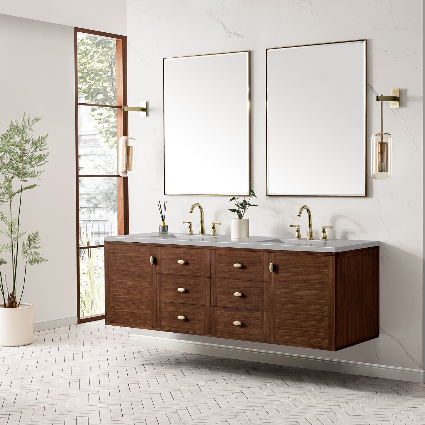 Amberly 72" Double Vanity, Mid-Century Walnut w/ 3 CM Eternal Serena Top