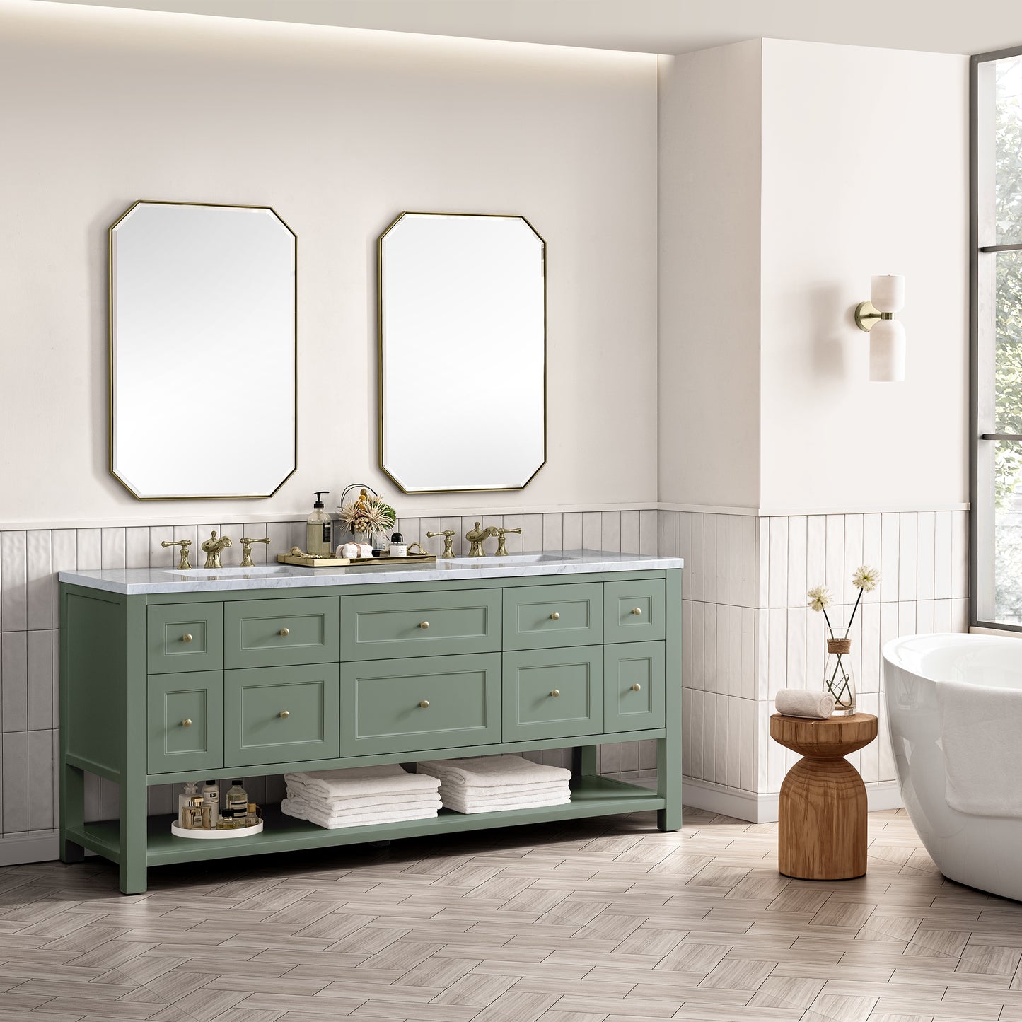 Breckenridge 72" Double Vanity, Smokey Celadon w/ 3 CM Carrara Marble Top