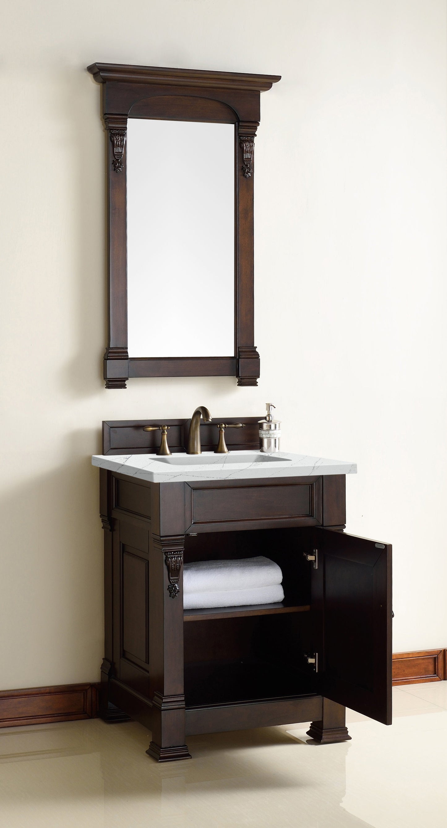 Brookfield 26" Single Vanity, Burnished Mahogany w/ 3 CM Ethereal Noctis Quartz Top