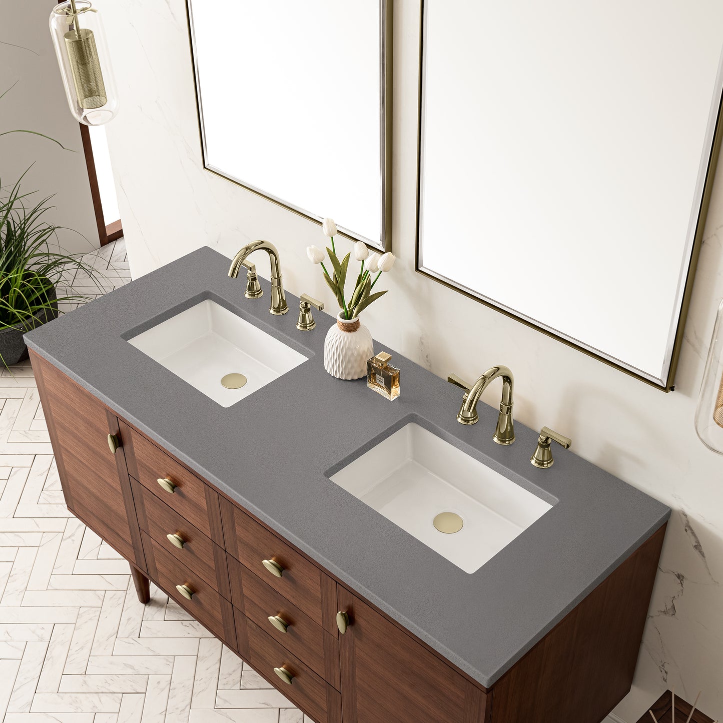 Amberly 60" Double Vanity, Mid-Century Walnut w/ 3 CM Grey Expo Top