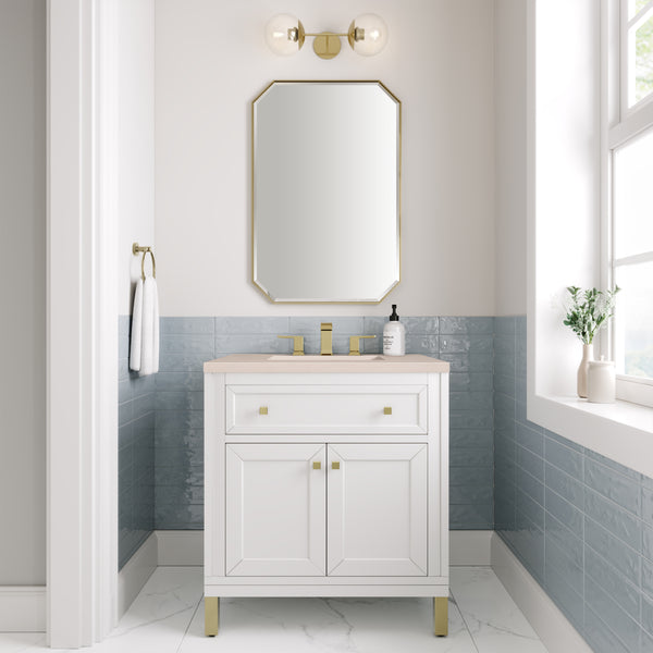 Chicago 30 Single Vanity, Glossy White w/ 3 CM Eternal Marfil Top