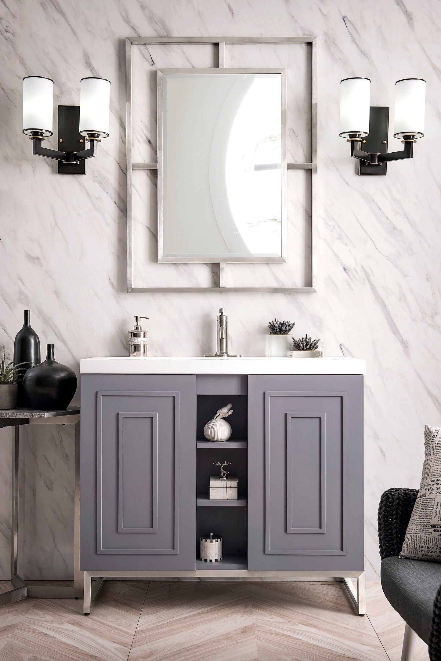 Alicante 39.5" Single Vanity, Gray Smoke, Brushed Nickel w/ White Glossy Composite Stone Top