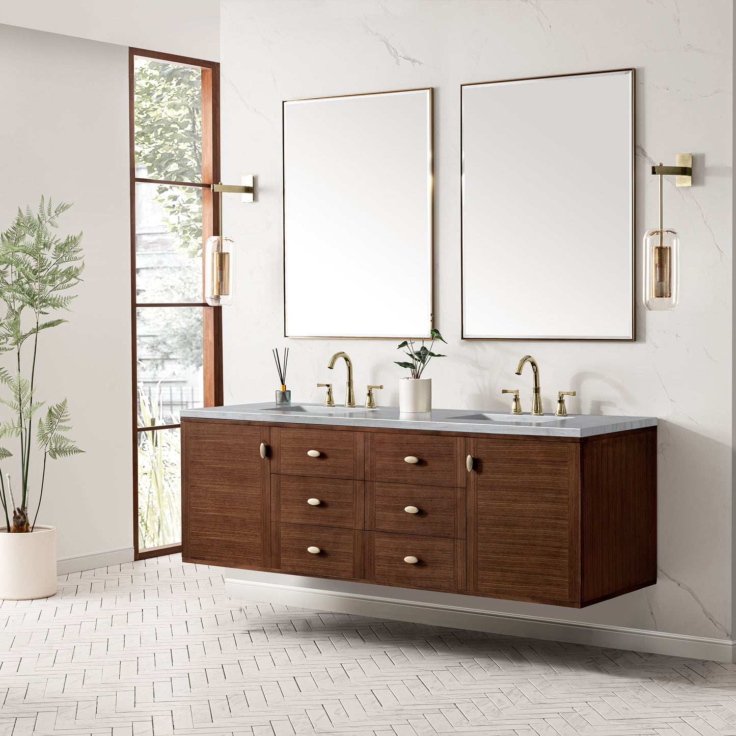 Amberly 72" Double Vanity, Mid-Century Walnut w/ 3 CM Arctic Fall Top