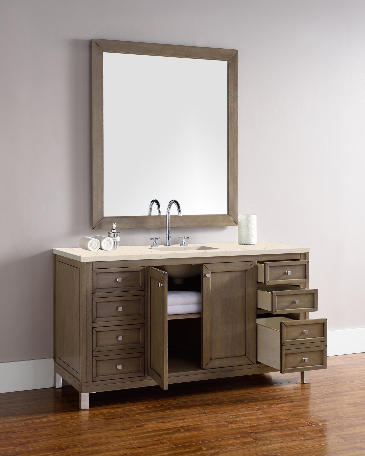 Chicago 60" Single Vanity, Whitewashed Walnut w/ 3 CM Eternal Marfil Quartz Top