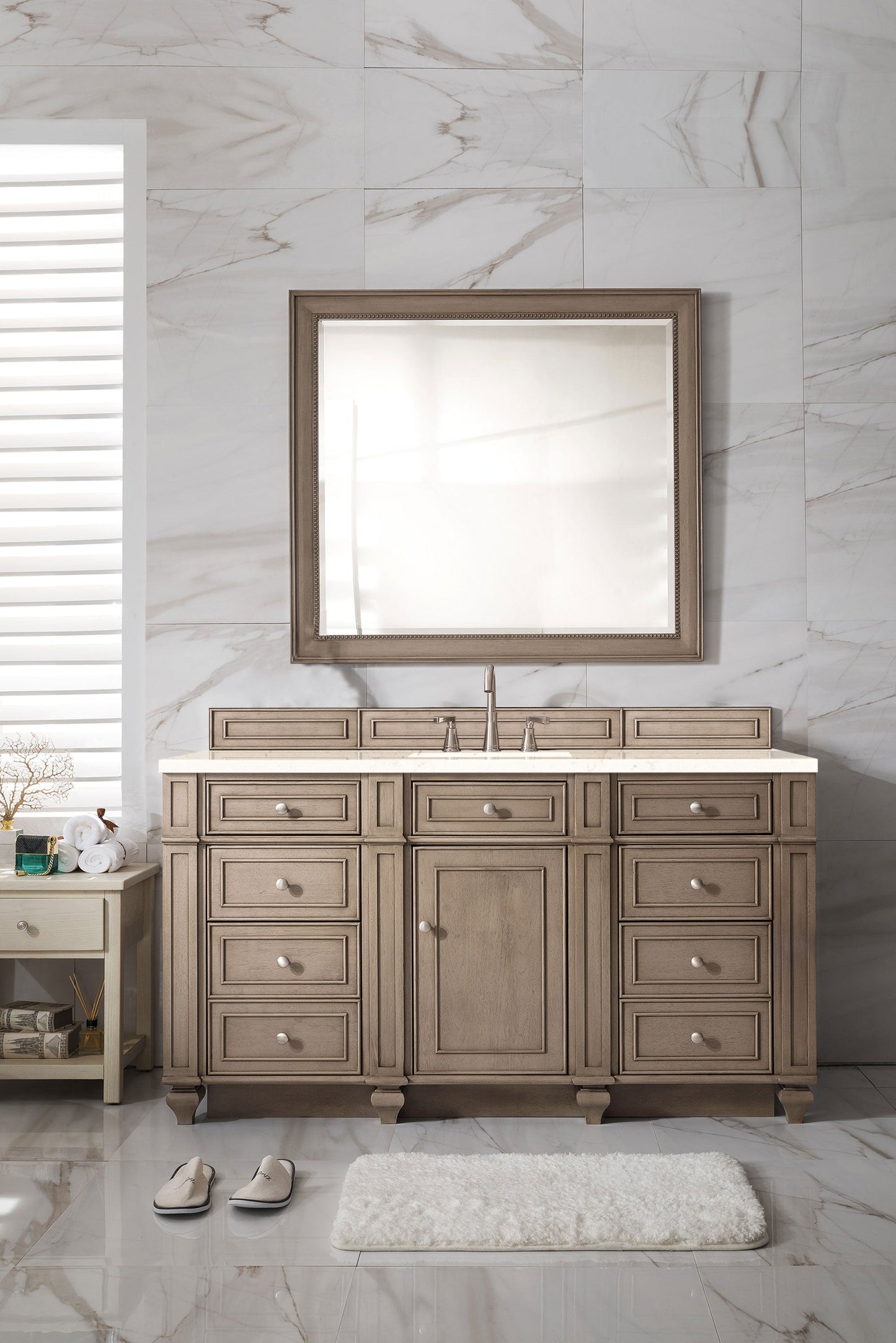 Bristol 60" Single Vanity, Whitewashed Walnut w/ 3 CM Eternal Marfil Quartz Top