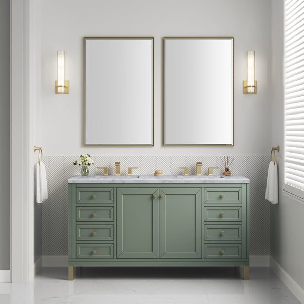 Chicago 60 Double Vanity, Smokey Celadon w/ 3 CM Carrara Marble Top