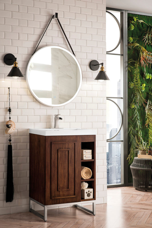 Alicante 24" Single Vanity, Mid-Century Acacia, Brushed Nickel w/ White Glossy Composite Stone Top