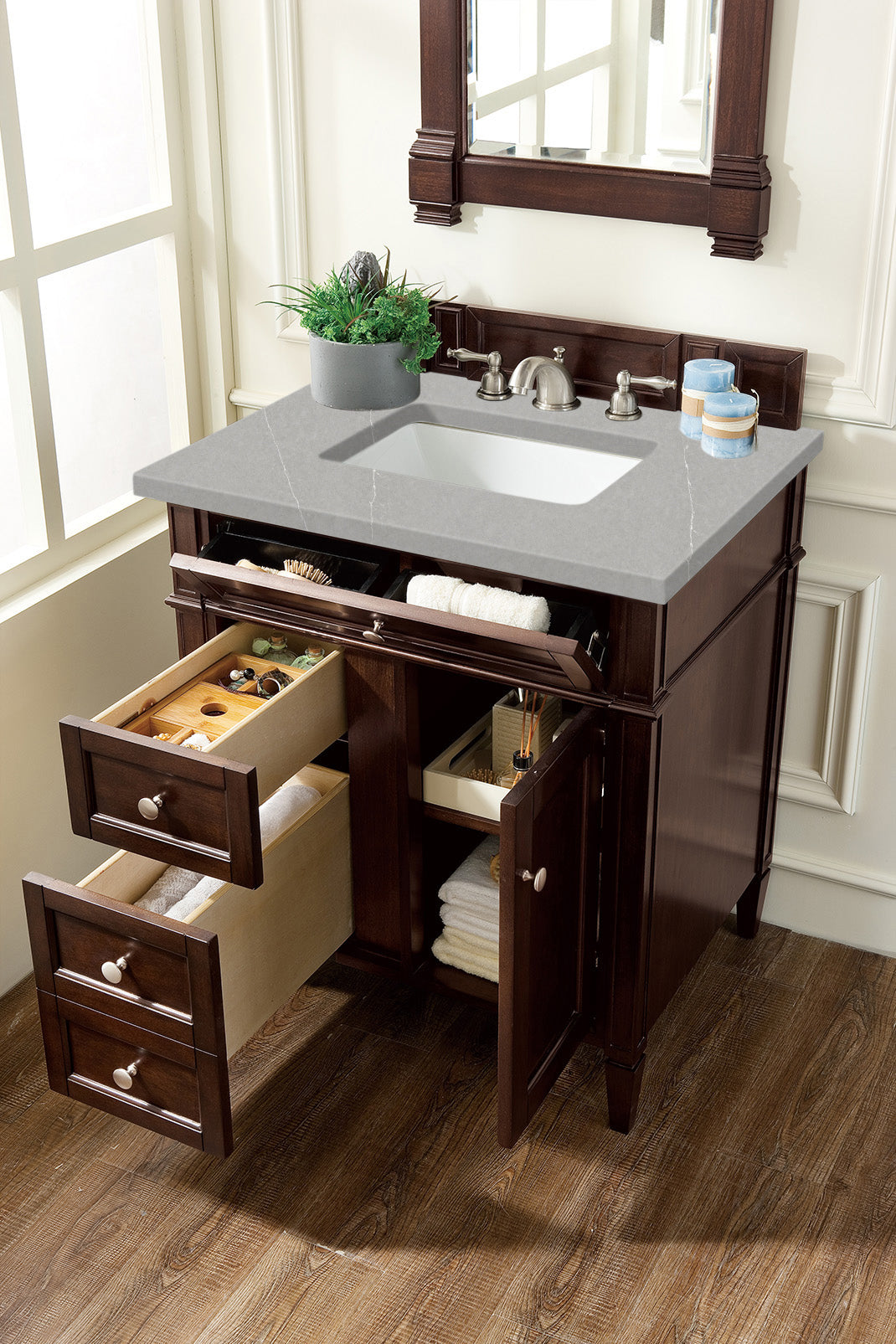 Brittany 30" Single Vanity, Burnished Mahogany, w/ 3 CM Eternal Serena Quartz Top