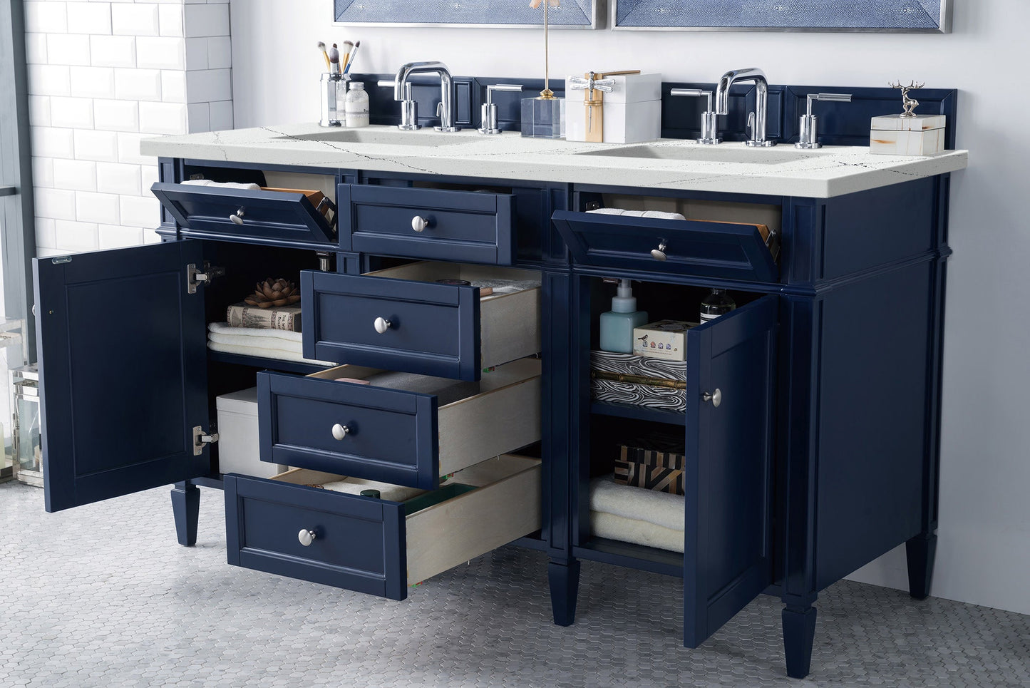 Brittany 60" Double Vanity, Victory Blue w/ 3 CM Ethereal Noctis Quartz Top