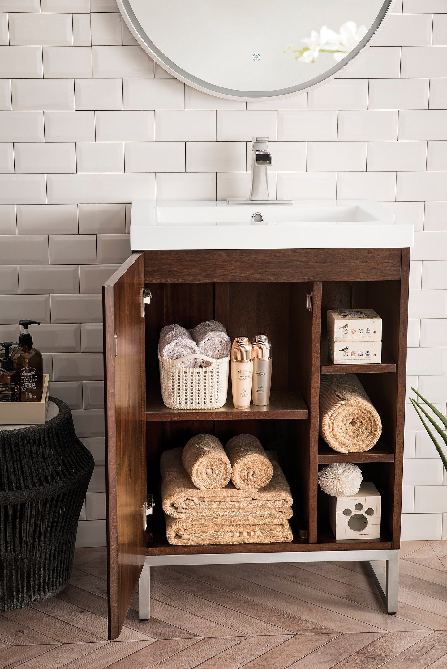 Alicante 24" Single Vanity, Mid-Century Acacia, Brushed Nickel w/ White Glossy Composite Stone Top