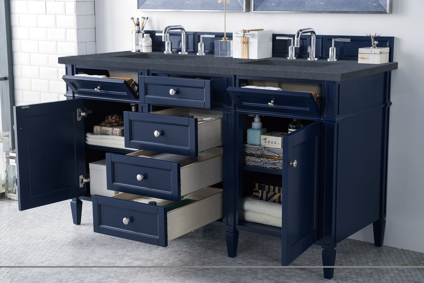 Brittany 60" Double Vanity, Victory Blue w/ 3 CM Charcoal Soapstone Quartz Top