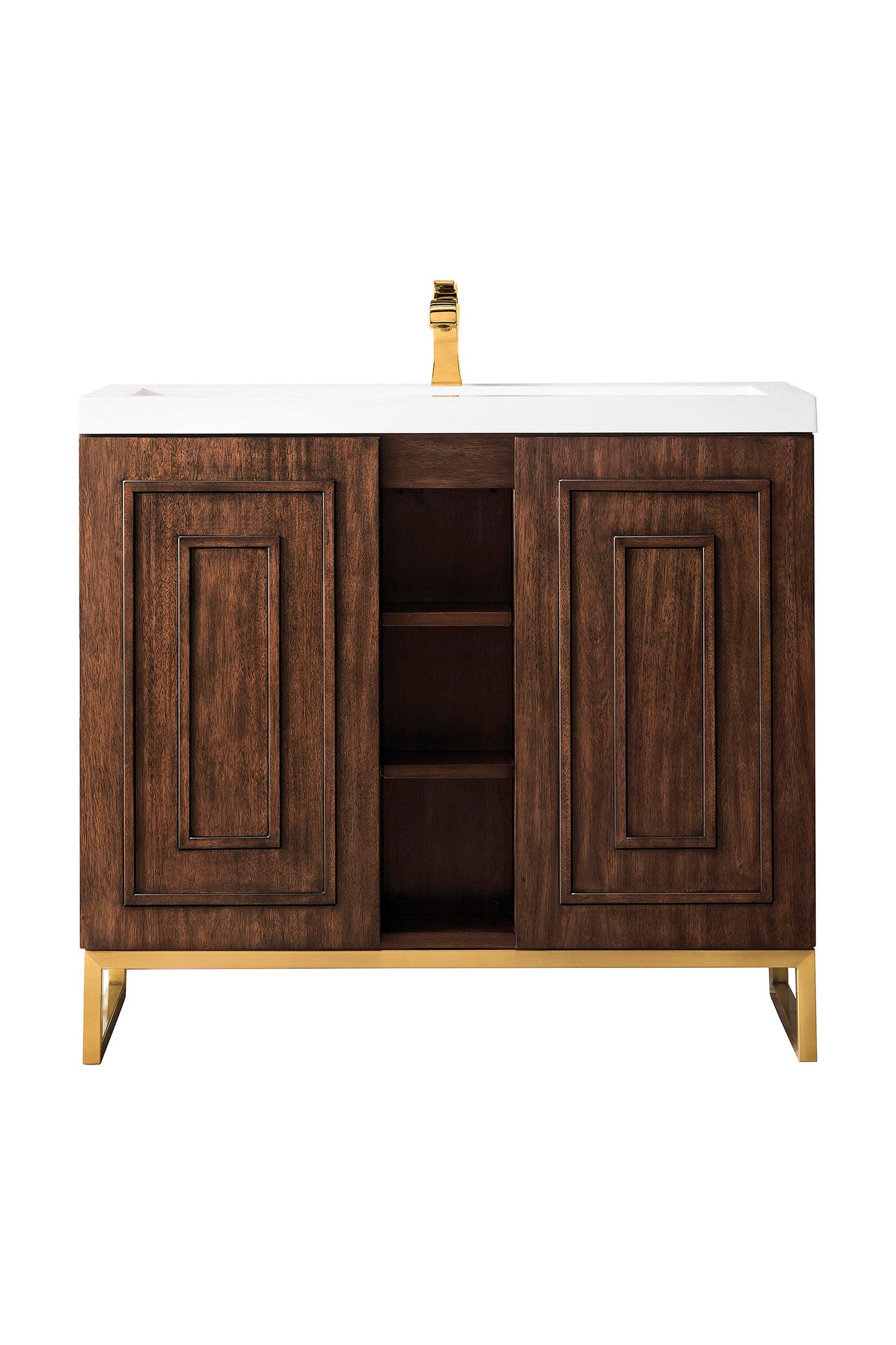 Alicante 39.5" Single Vanity, Mid-Century Acacia, Radiant Gold w/ White Glossy Composite Stone Top