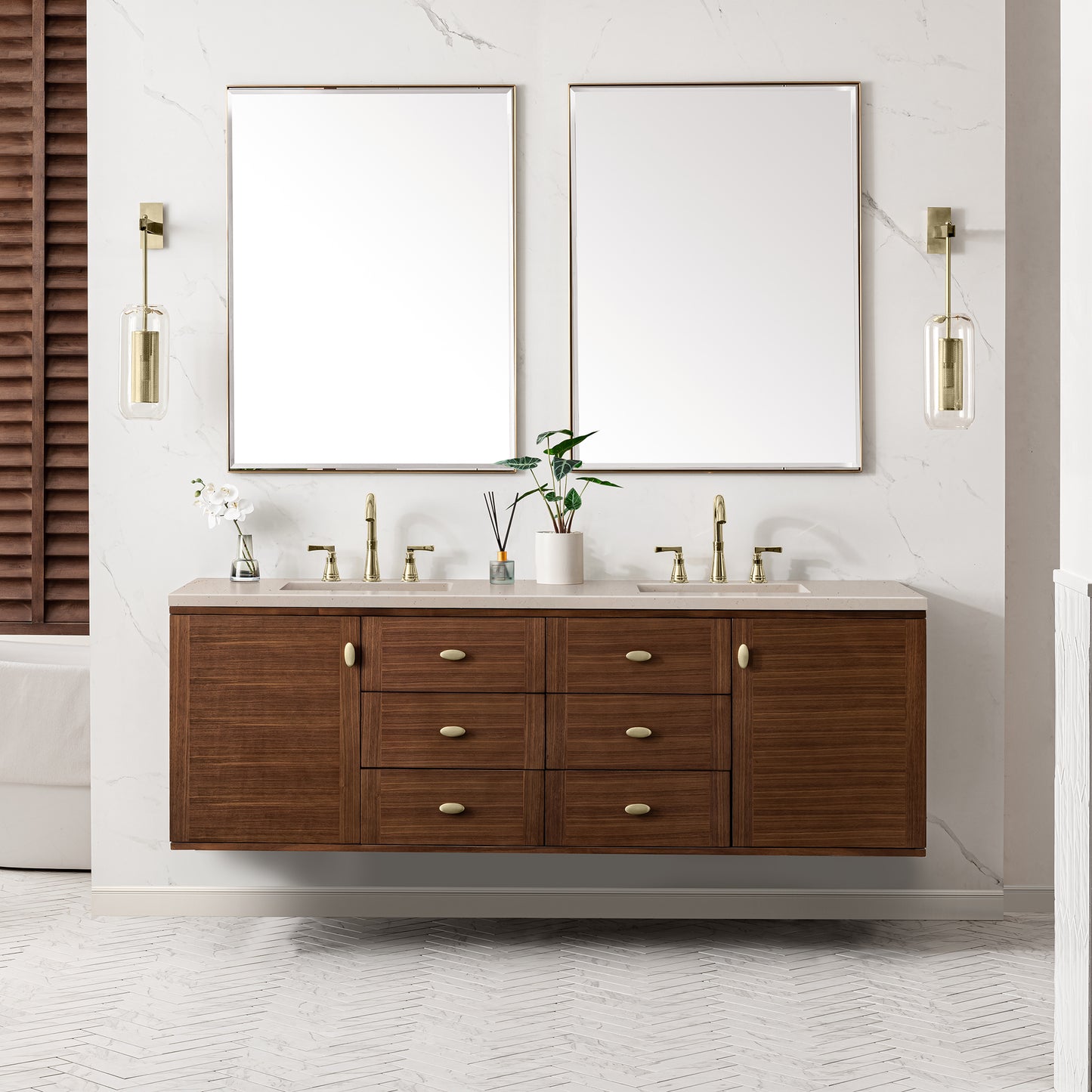 Amberly 72" Double Vanity, Mid-Century Walnut w/ 3 CM Eternal Marfil Top