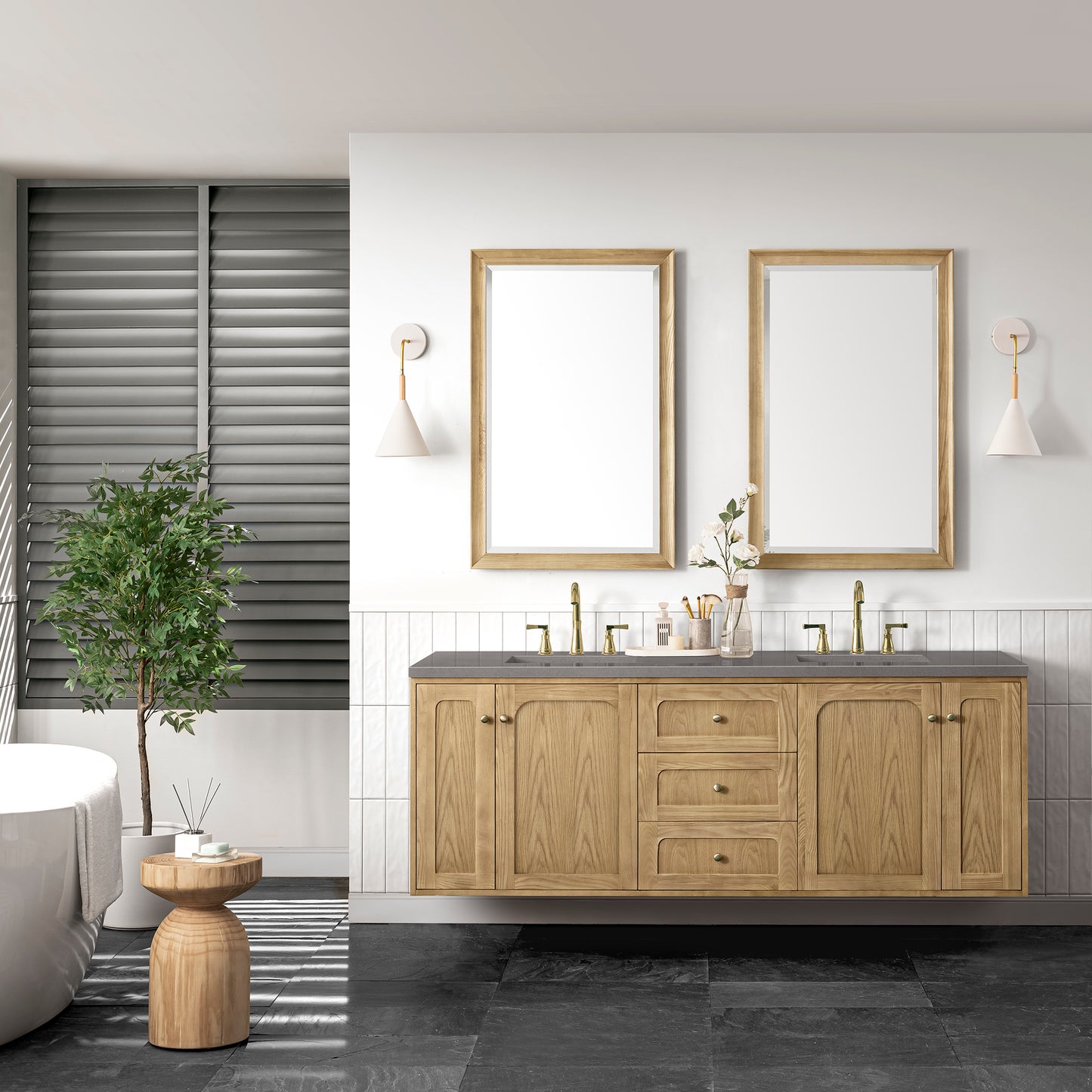 Laurent 72" Double Vanity, Light Natural Oak w/ 3 CM Grey Expo Top