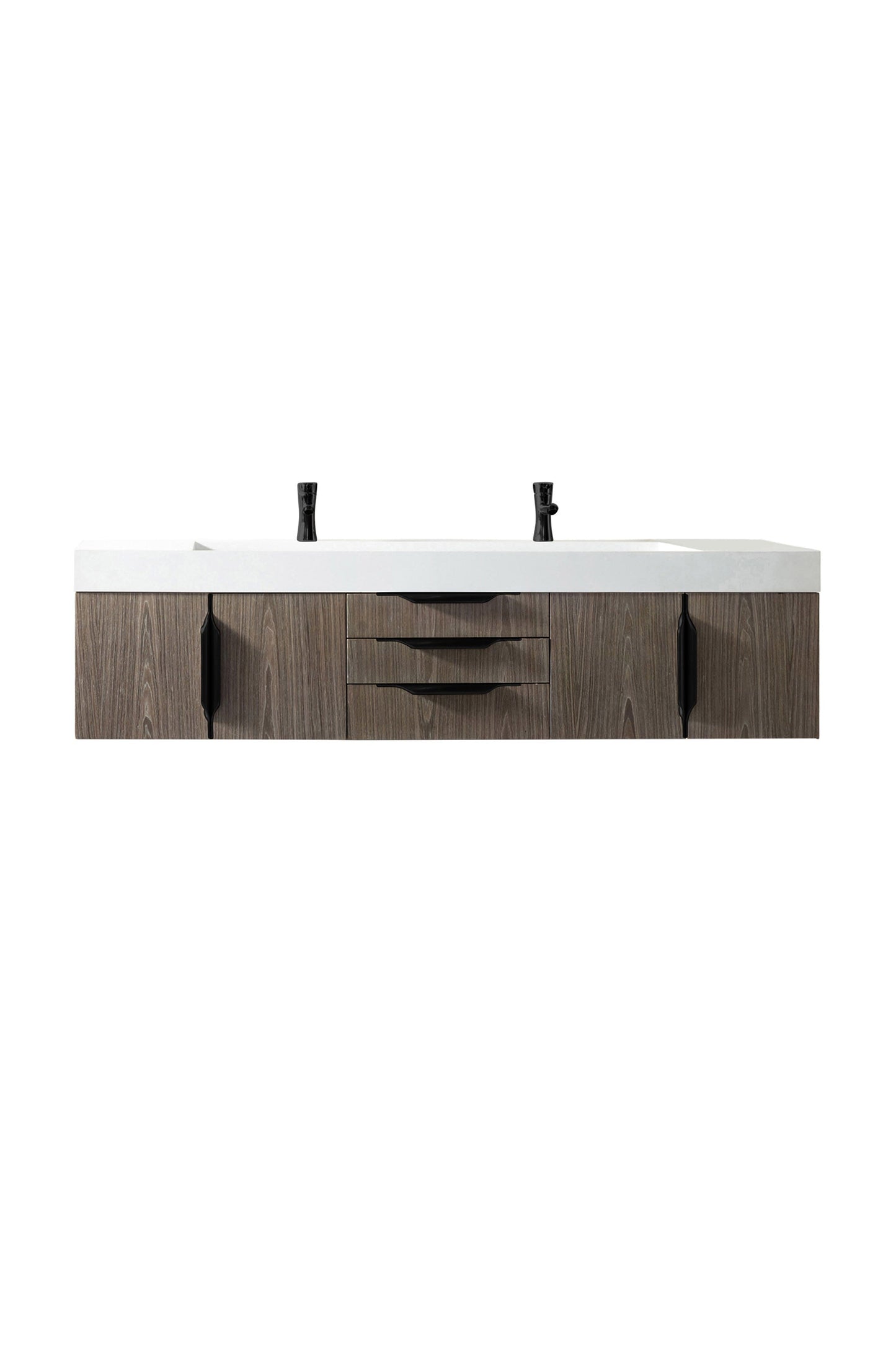 Mercer Island 72" Double Vanity, Ash Gray, Matte Black w/ Glossy White Composite Stone Top